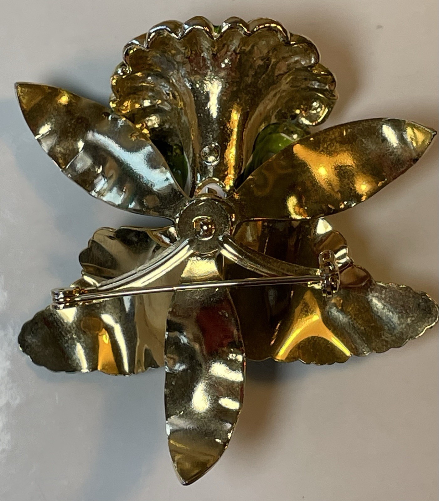 Green Enamel Lily Flower Brooch Gold Rimmed and Gold Tone Metal Pin Closure