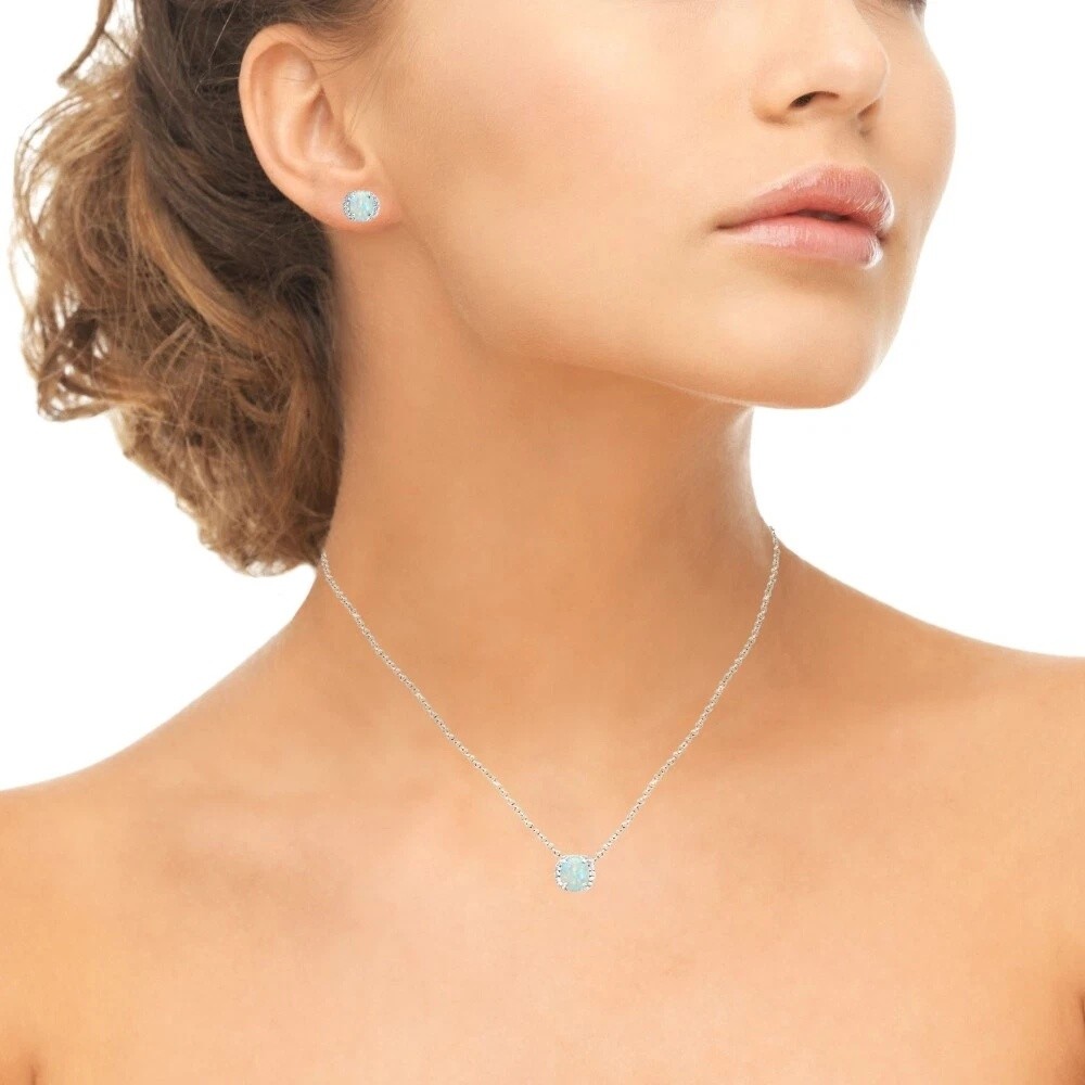 Oval Synthetic White Opal 925 Silver Stud Earrings & Necklace Set w. CZ Accents