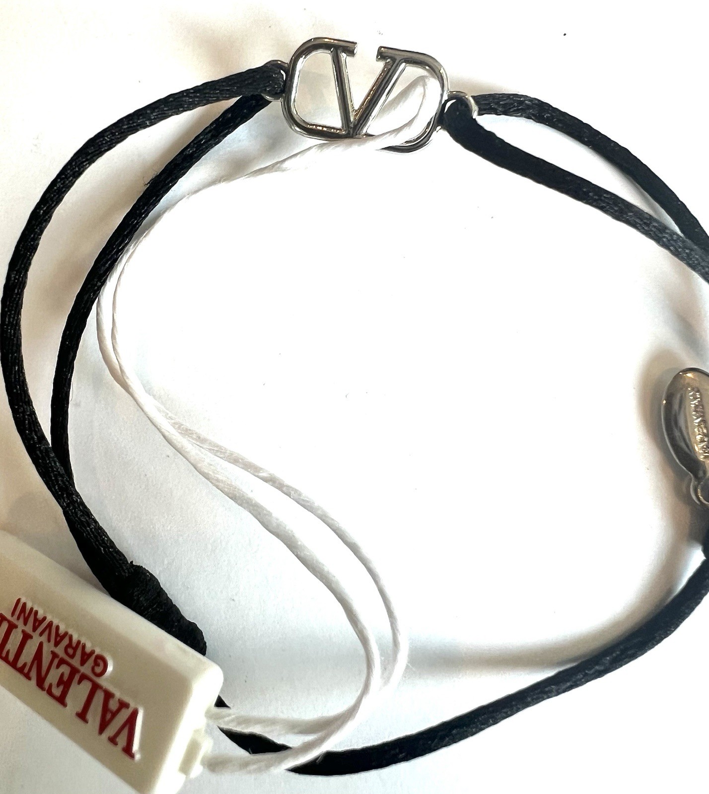 Valentino Garavani VLogo Signature Black Cord Bracelet Silver Tone NWT New Tag