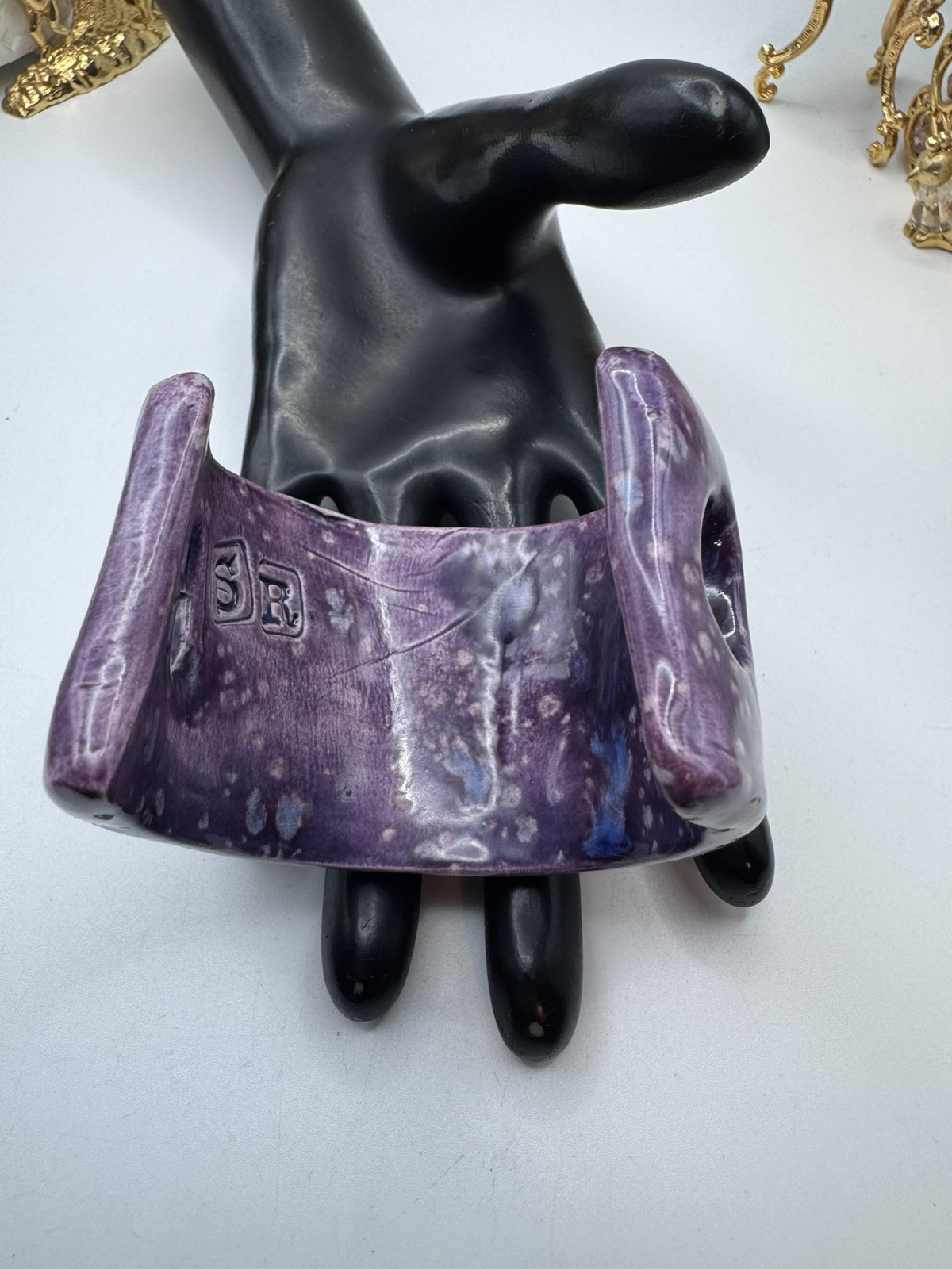 Rare signed SR ceramic bracelet, purple enamel, with heart and dove design
