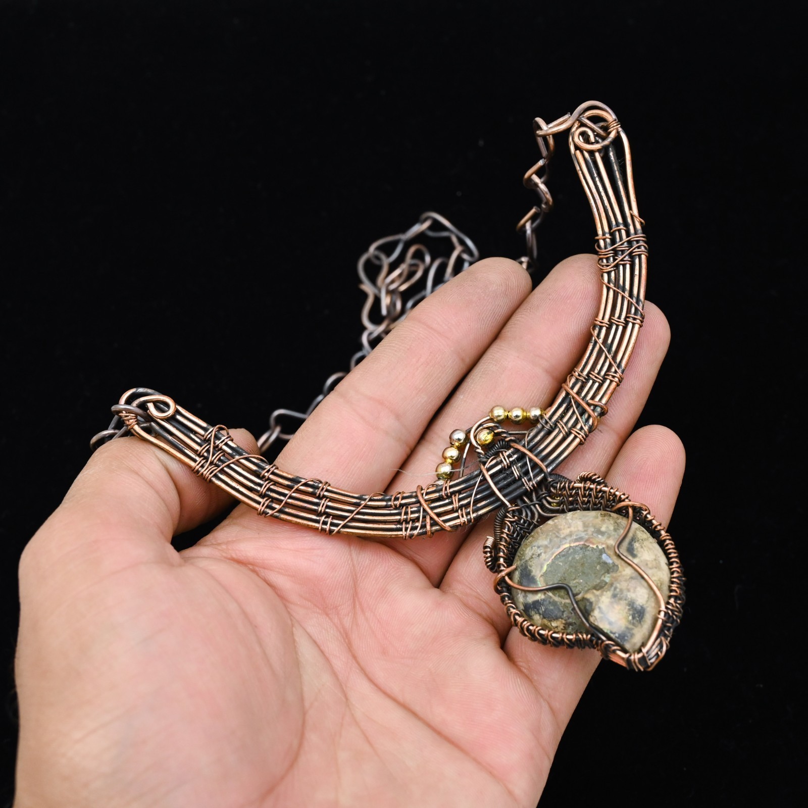 Copper Wire Wrapped Ammonite Pendant Necklace Artisan Handcrafted Necklace
