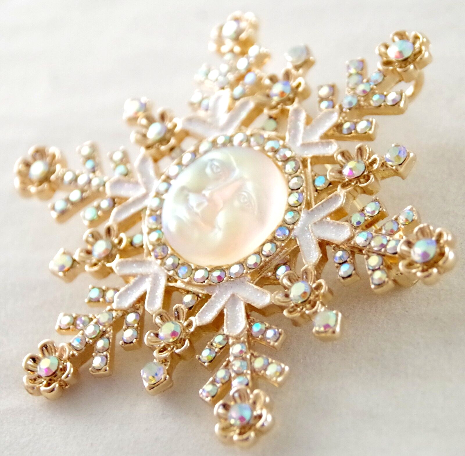 3″ NWOT UNSIGNED VTG INSPIRED MOON FACE AB RHINESTONE SNOWFLAKE PENDANT BROOCH