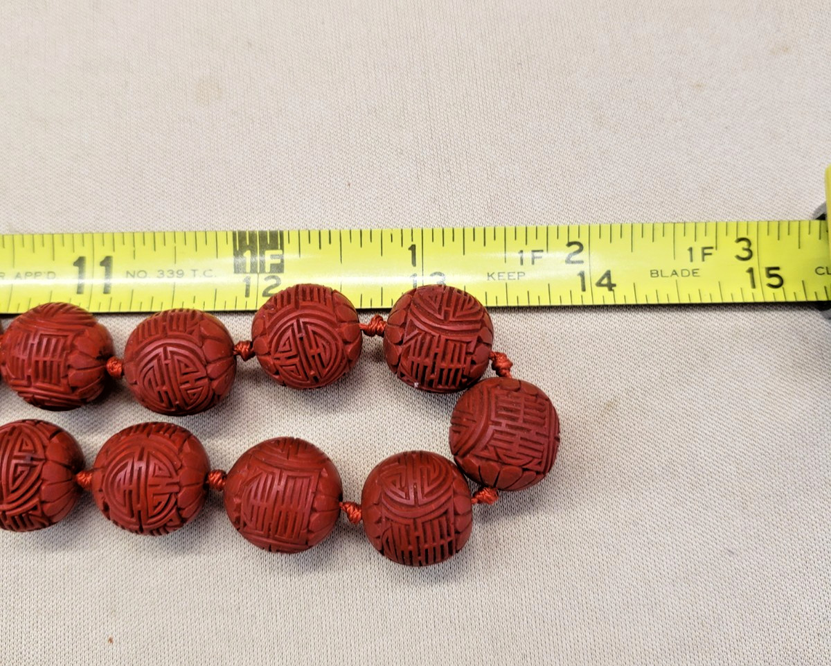 Red Carved Cinnabar Hand Knotted Bead Necklace 28″