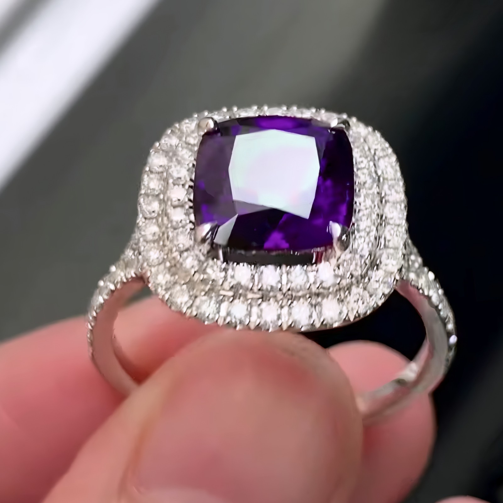 Natural Purple Amethyst Halo Ring 925 Sterling Silver Cushion Cut Handmade Fine