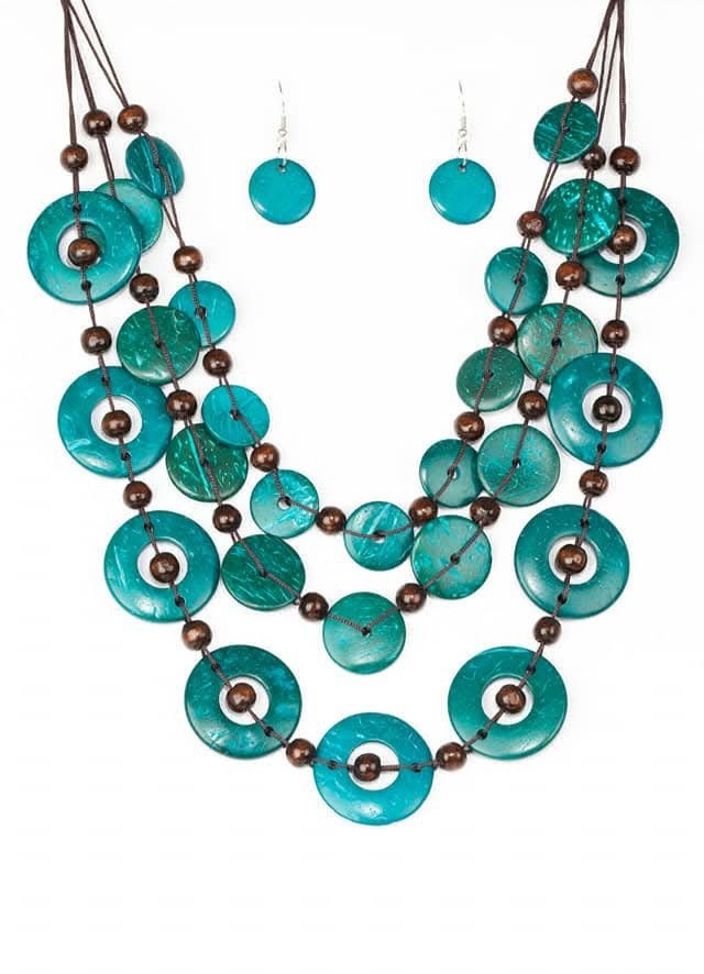 Silver Tone Blue Round Wood Disc Multi-Strand Necklace & Drop Earrings Set