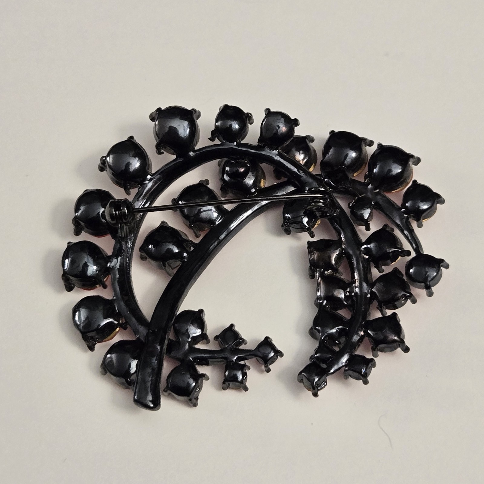 Pink Rhinestone Fancy Swirl Large Brooch Pin, Black Setting, Vintage Express