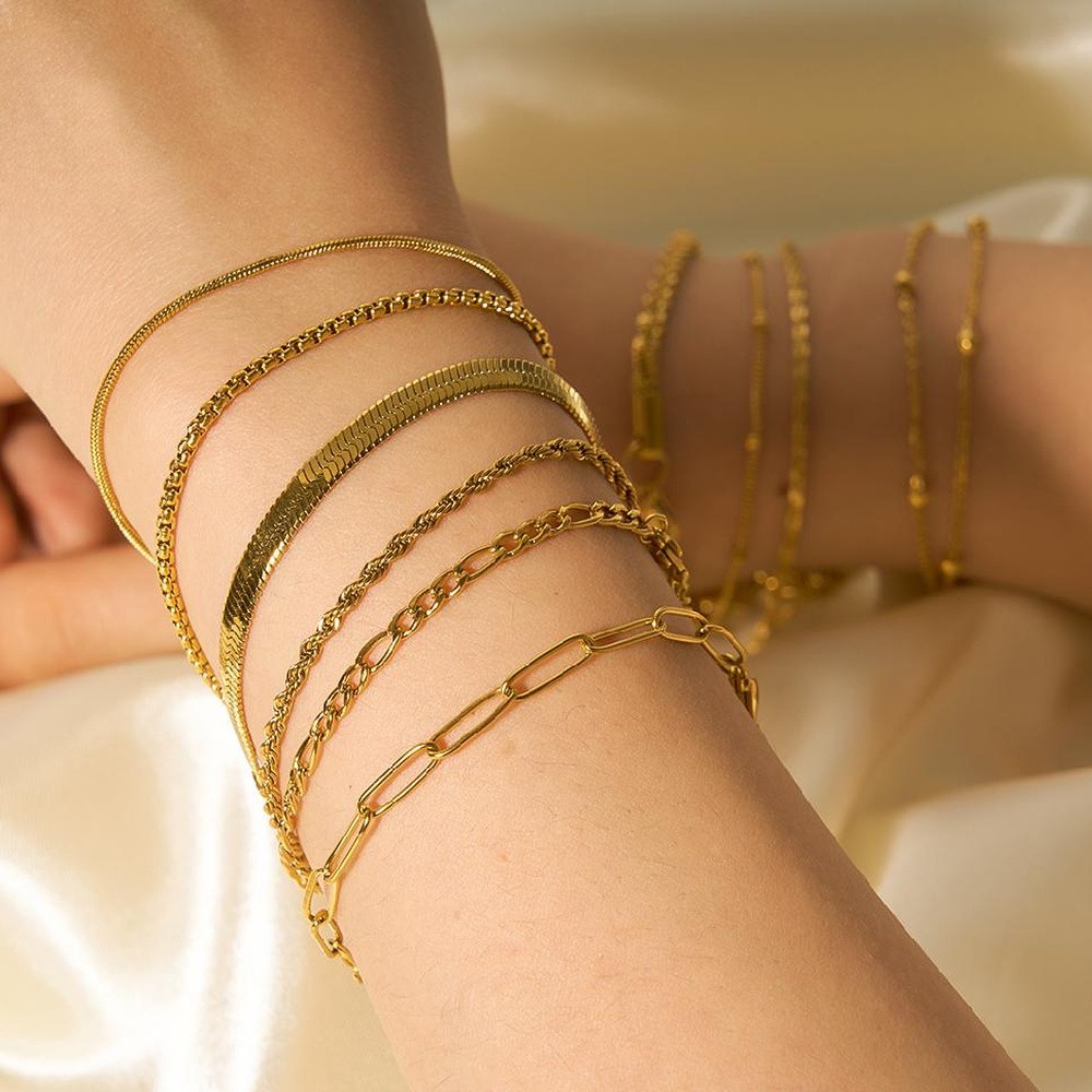 Chain Bracelet Titanium Stainless Steel 18K Gold Plated Box Chain 6.75 in T164