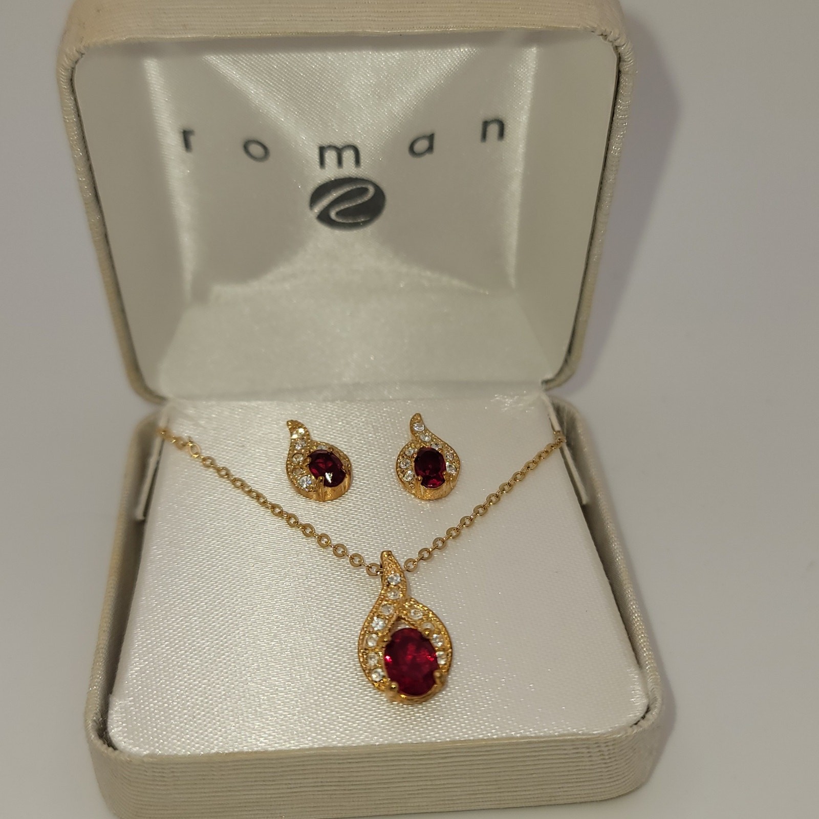 Vintage Roman Jewelry Set Simulated Ruby and Diamond Tear Drop Earrings Pendant