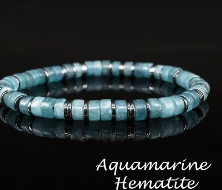 Natural Aquamarine Hematite Beaded Crystal Healing Reiki Stretch Women Bracelet