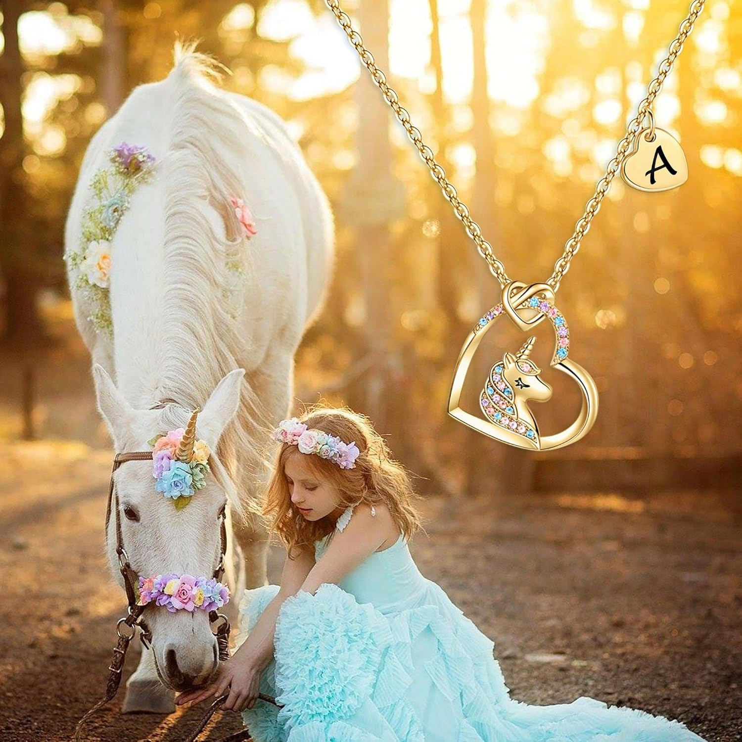 Unicorn Gifts for Girls Necklace – Colorful CZ Heart Pendant Initial Unicorn Nec