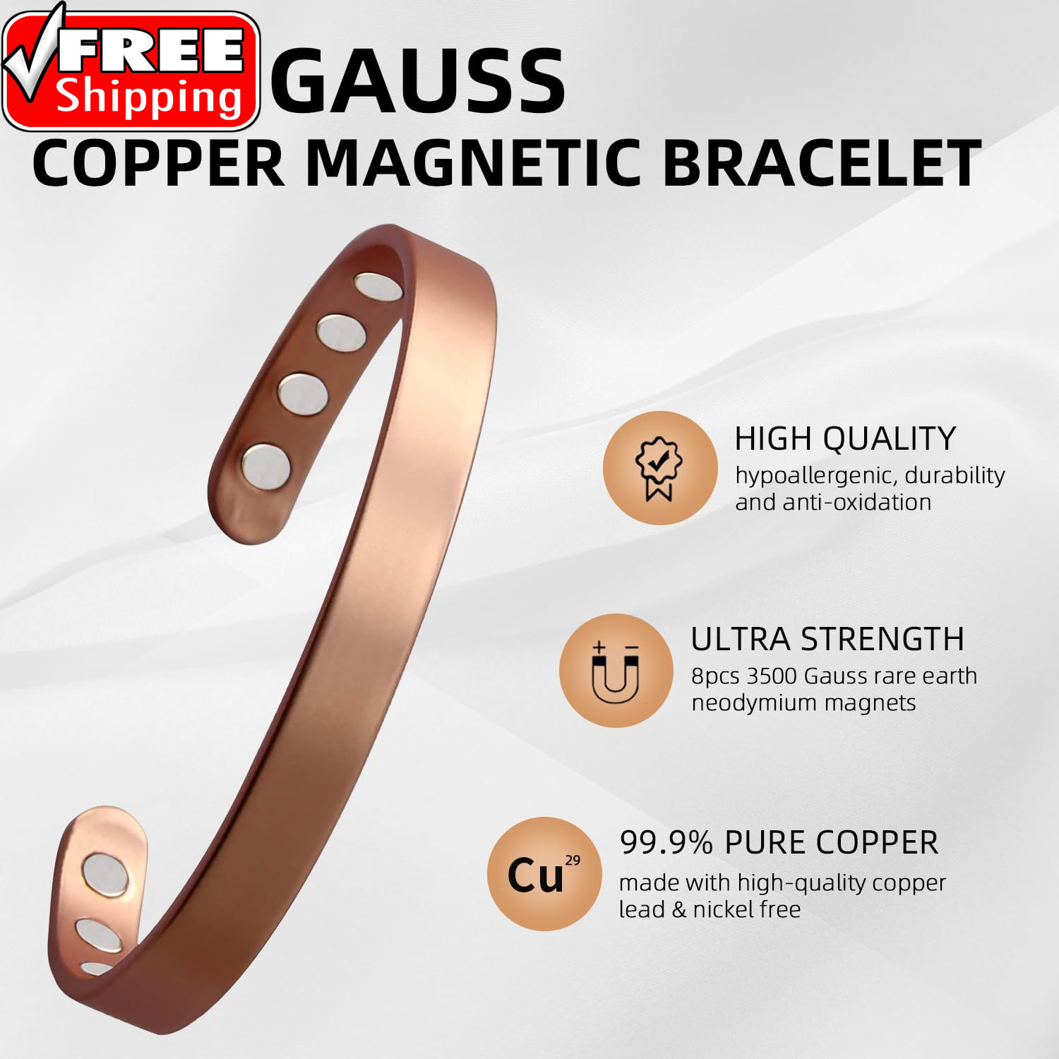 Copper Bracelet for Men and Women, 99.9% Pure Copper Magnetic Bangle with 8Pcs 3