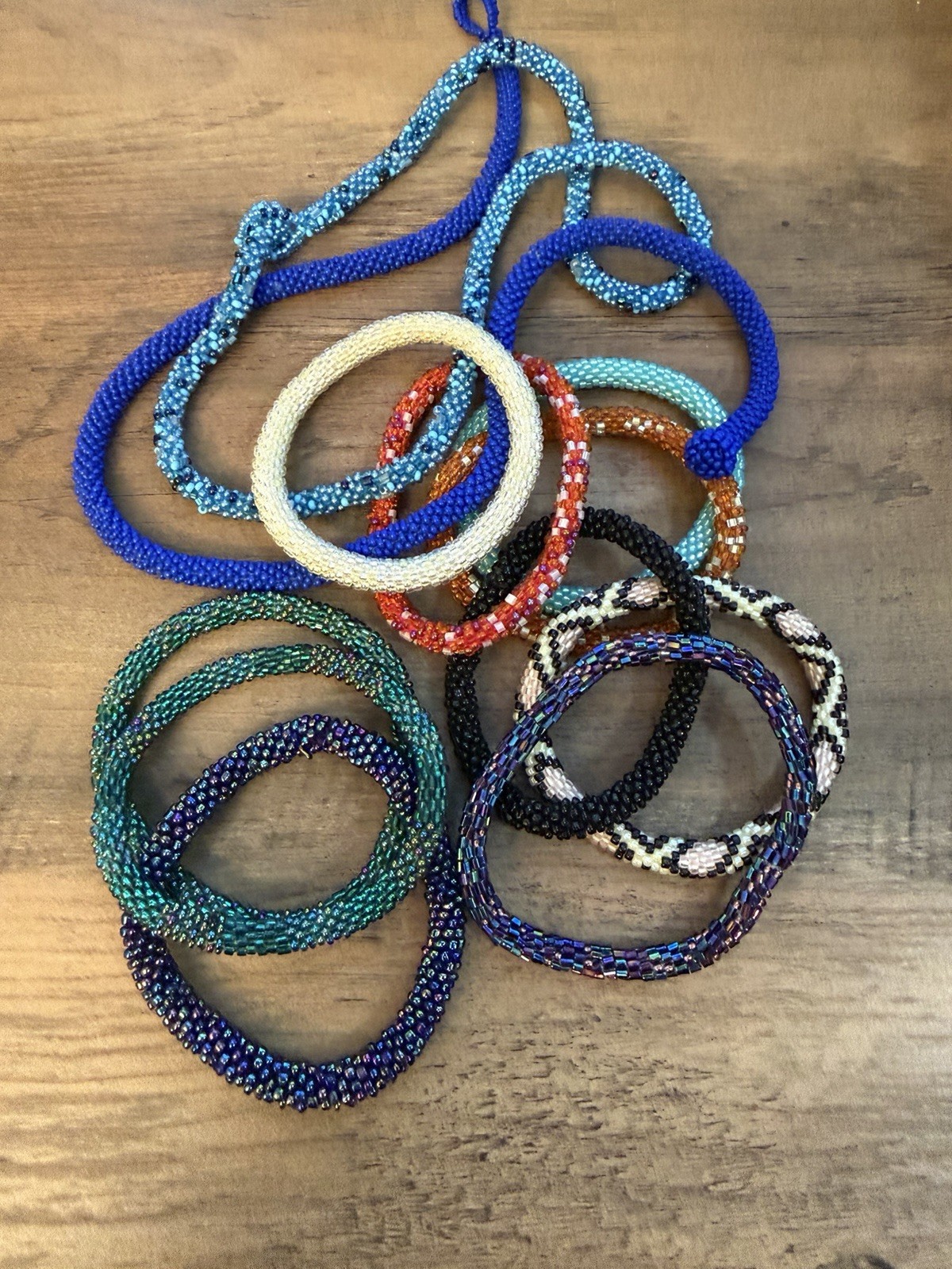 Set of 10 Gorgeous Woven Glass Bead Slip-On Bracelets Plus 2 Necklaces