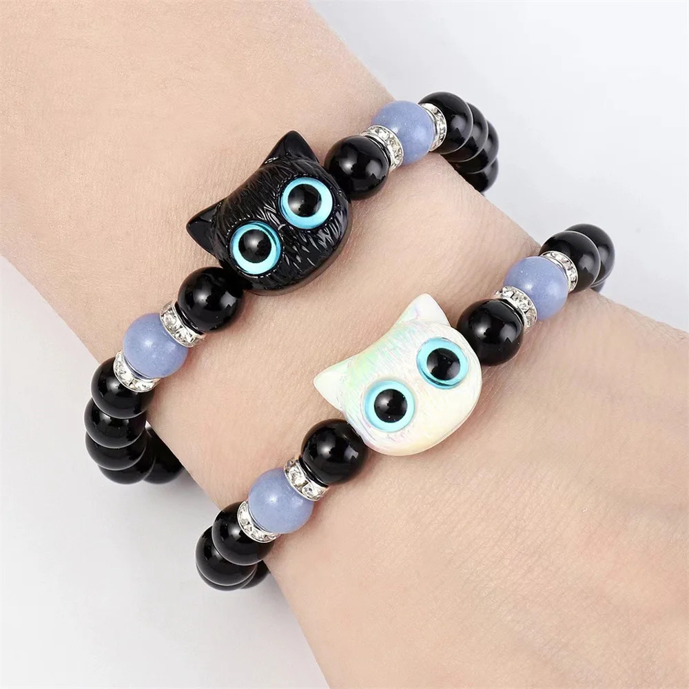 Black Luminous Beads Fashion Couple Bracelets Matching Charm for Women Men Cat