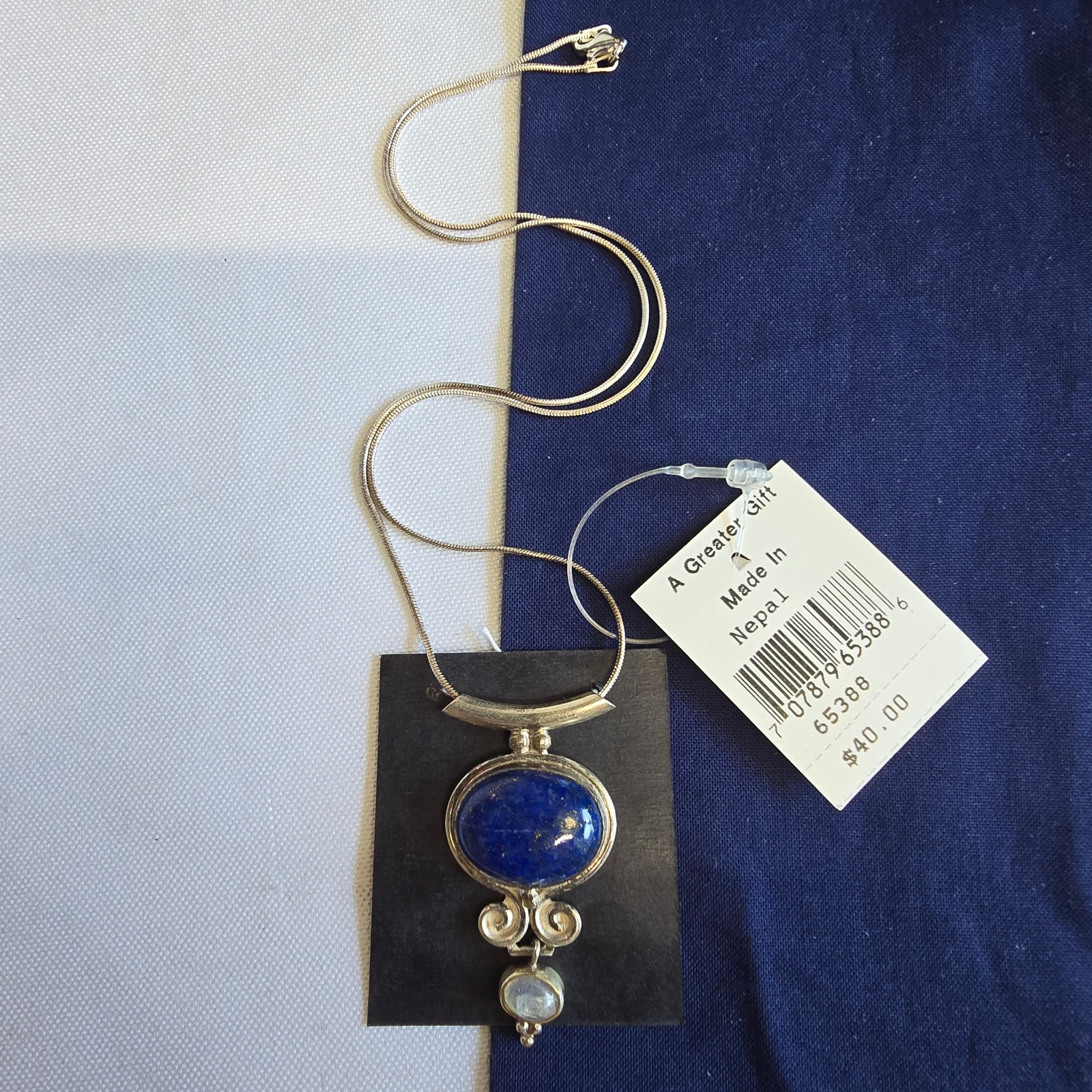 Sterling Silver SERRV Necklace 13.1g Jewelry 17.5″ Chain Lapis Look *READ*