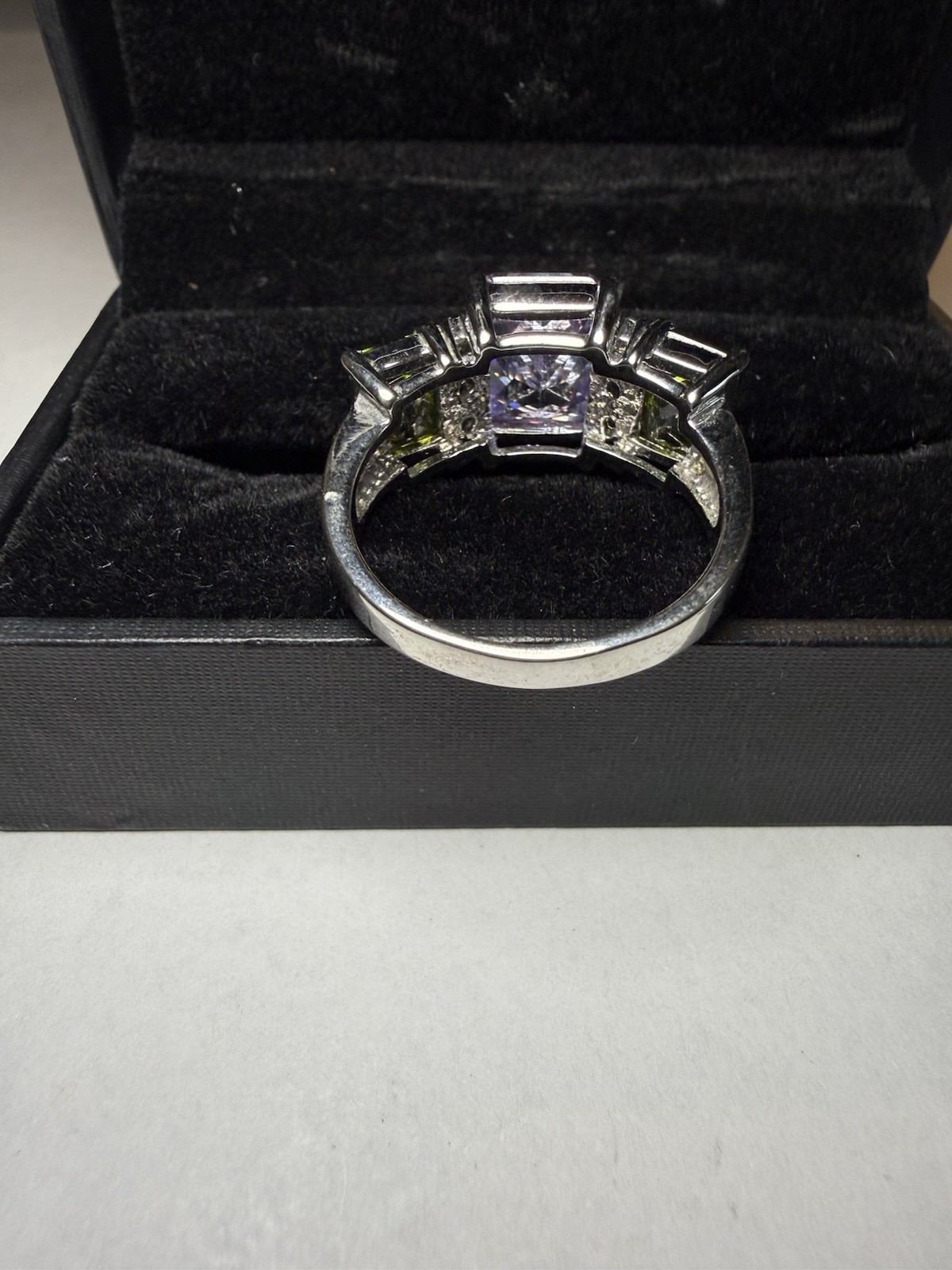 925 Sterling Silver Cocktail Ring Purple Square Center Stone Green Sides Sz 10