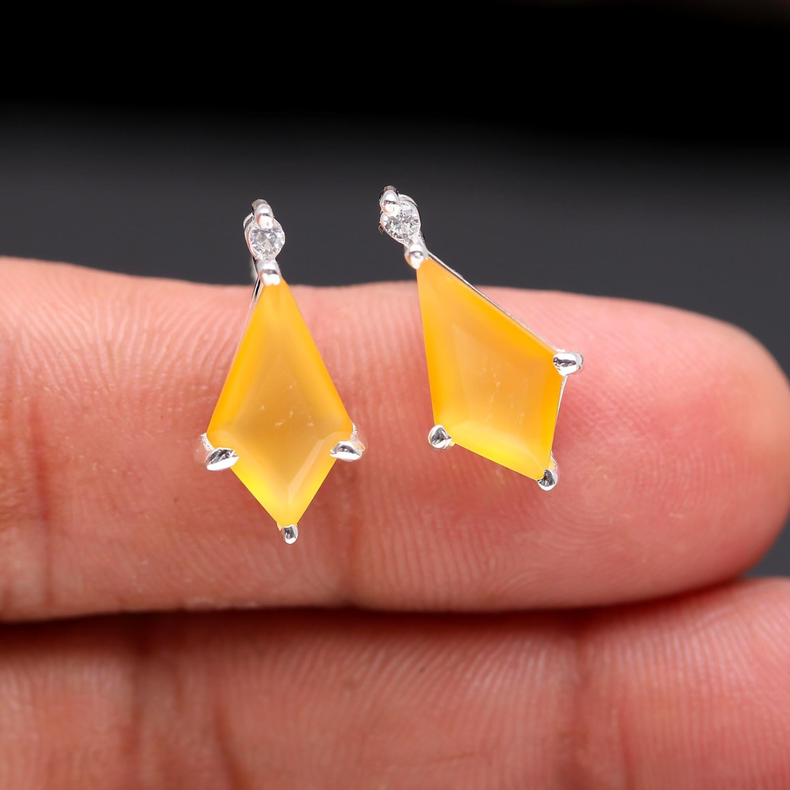 100% Natural Chalcedony Kite Stud Earrings 925 Sterling Silver Handmade Jewelry