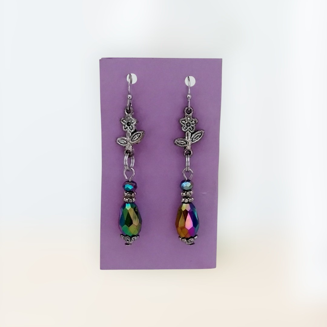 Handcrafted IRRIDESCENT BEADS SILVERTONE FLOWERS Double-Sided Dangle Earrings