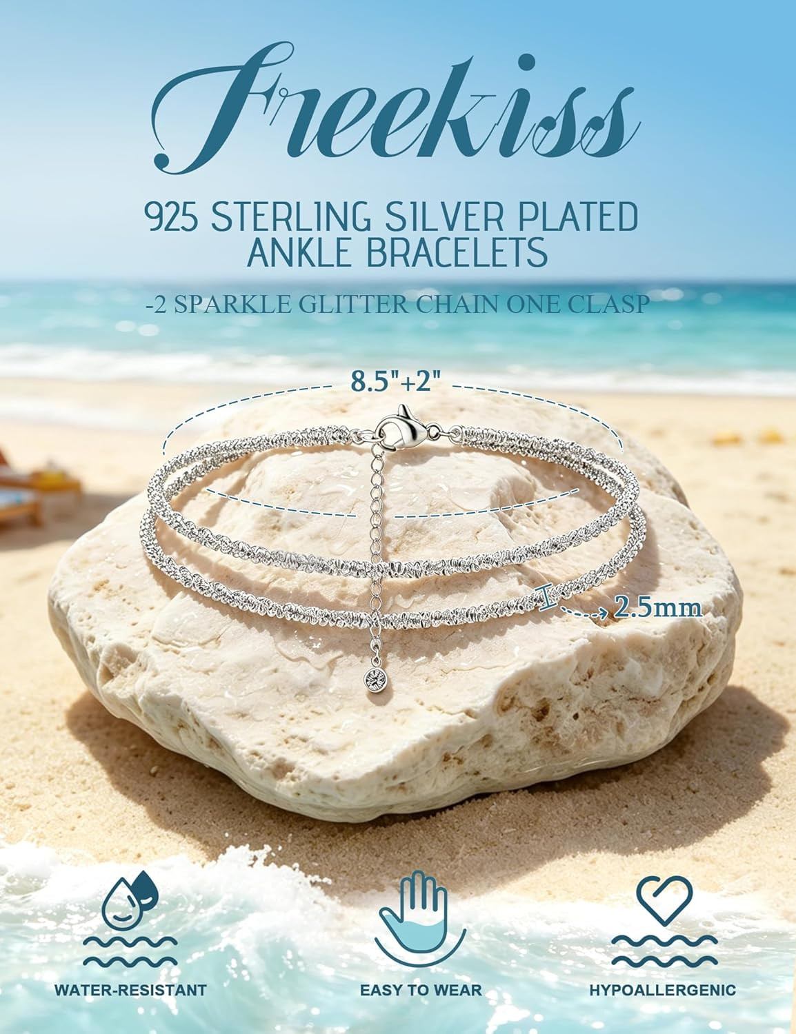 Sterling Silver Ankle Bracelets for Women: Dainty Layered Waterproof Anklet for