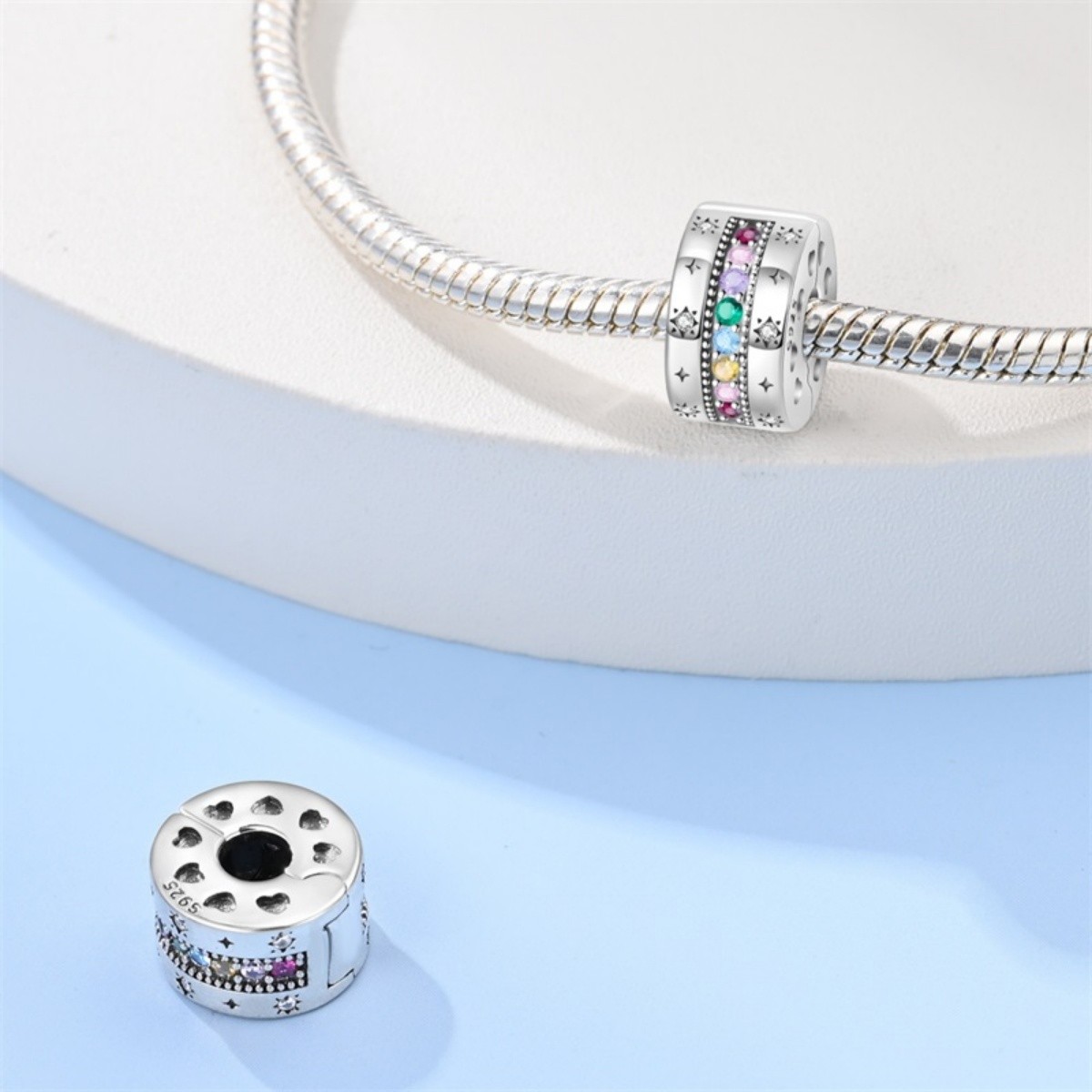 KUNSIR 2pcs 925 Sterling Silver Clip Lock Spacer Stopper Bead Charm For Bracelet