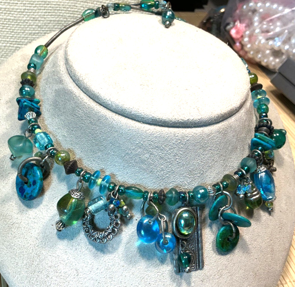 Treska Necklace Turquoise Stone Aqua Green Silver Wire Recoil Choker Lot 104D
