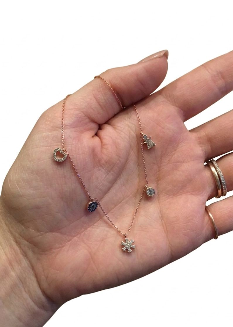 925 Sterling Silver Rose Gold Plated angel Charm Necklace w/ CZ & Blue Stones