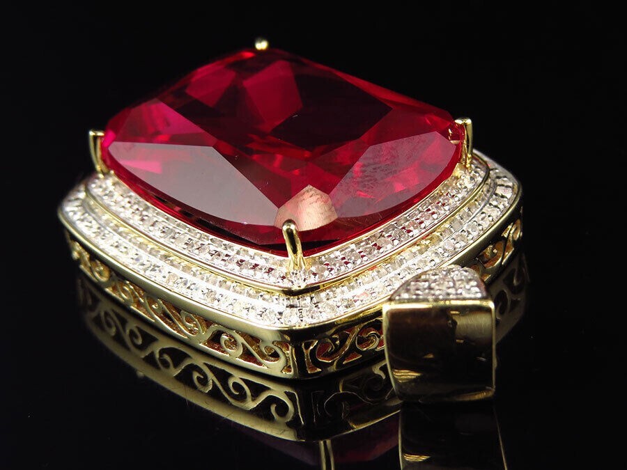 Cushion Simulated Red Ruby Women’s Stunning Fancy Pendant 14K Yellow Gold Plated