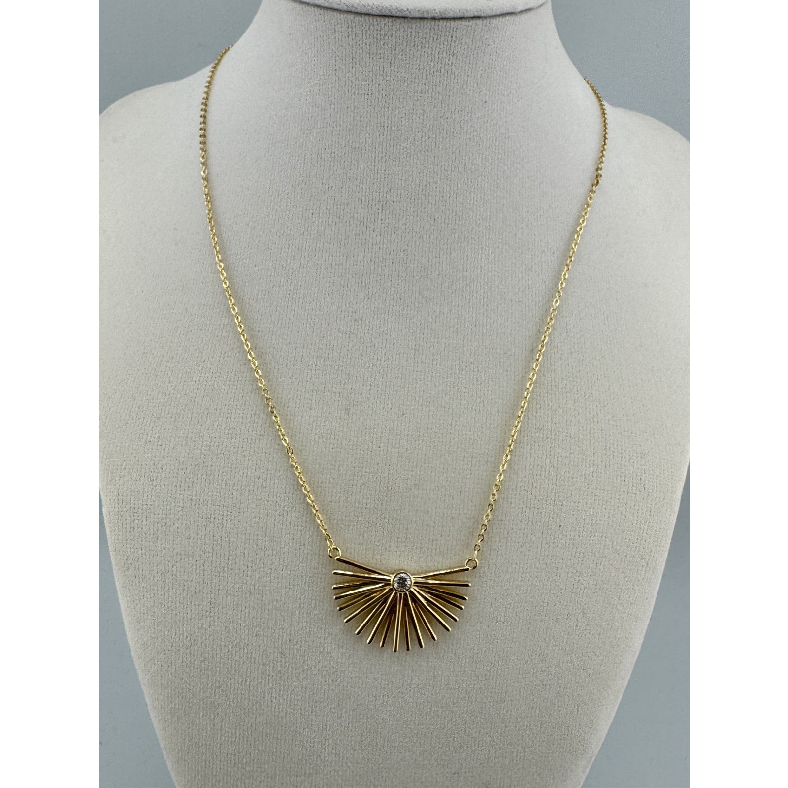 Gold Sunburst Pendant Necklace Art Deco Fan Crystal Accent Adjustable Chain