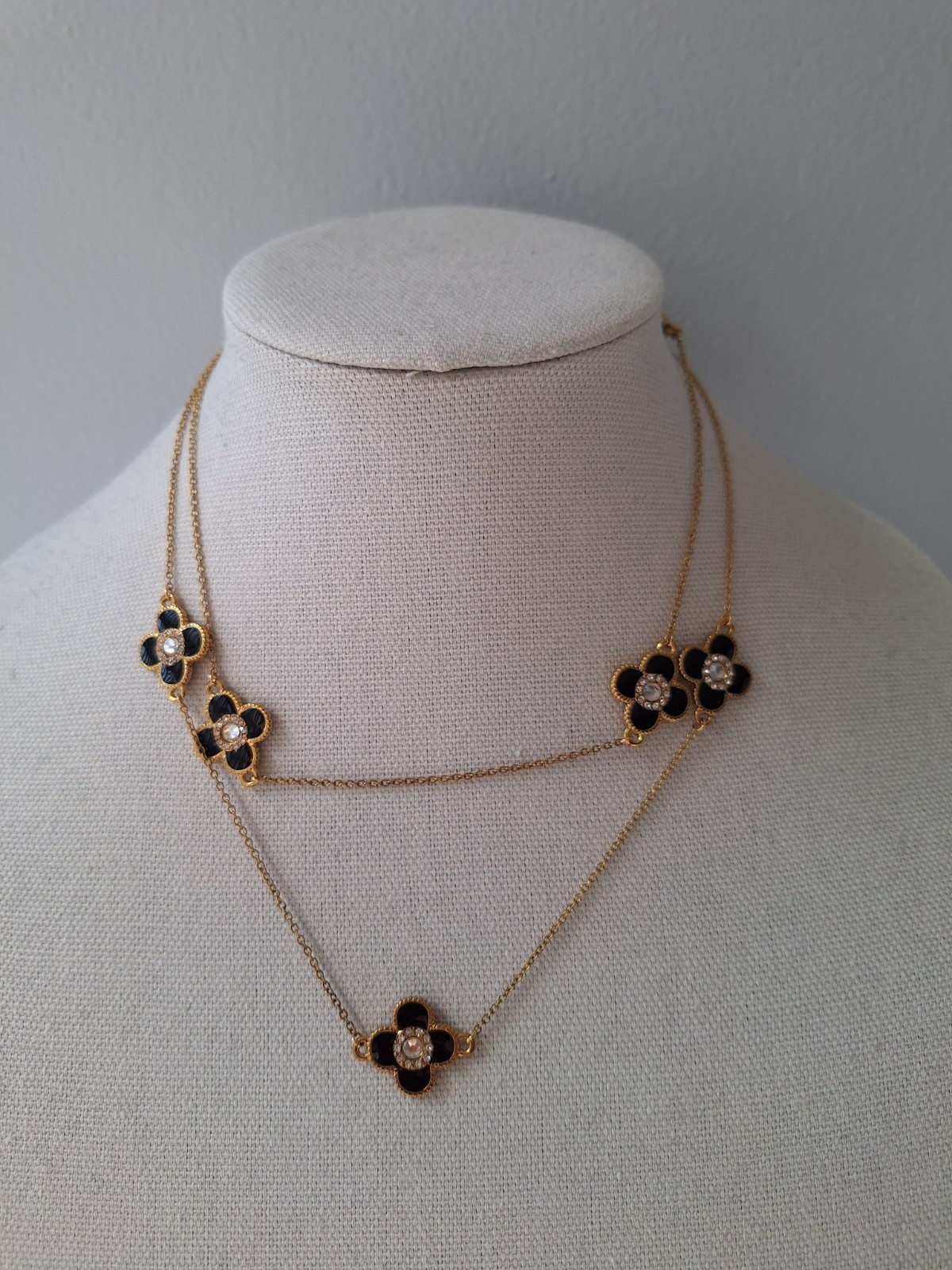 Gold Black Flower/clover Necklace, 36″ Long