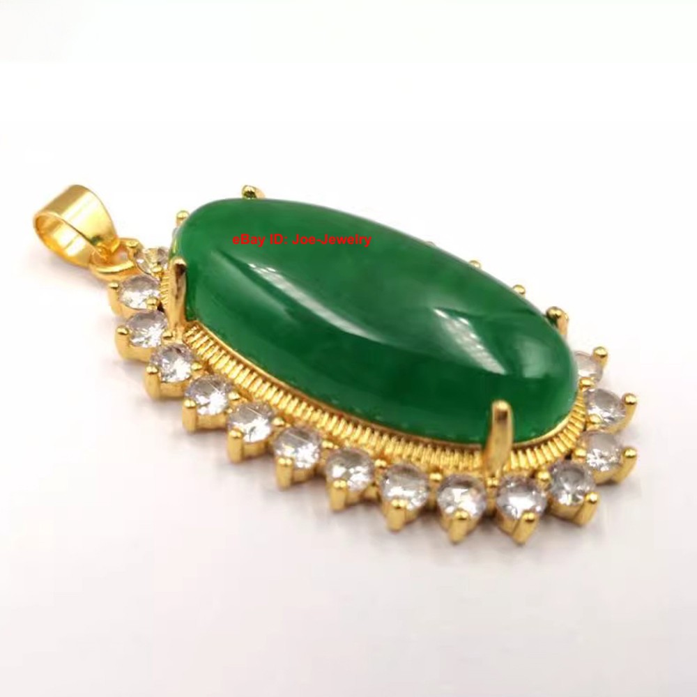 Yellow Plated Alloy Heated Oval Green Jade Pendant Vintage Chinese Style 48mm H