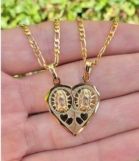 Virgencita de Guadalupe Pendant Heart Broken 14K Gold Filled Necklace 22″ Figaro