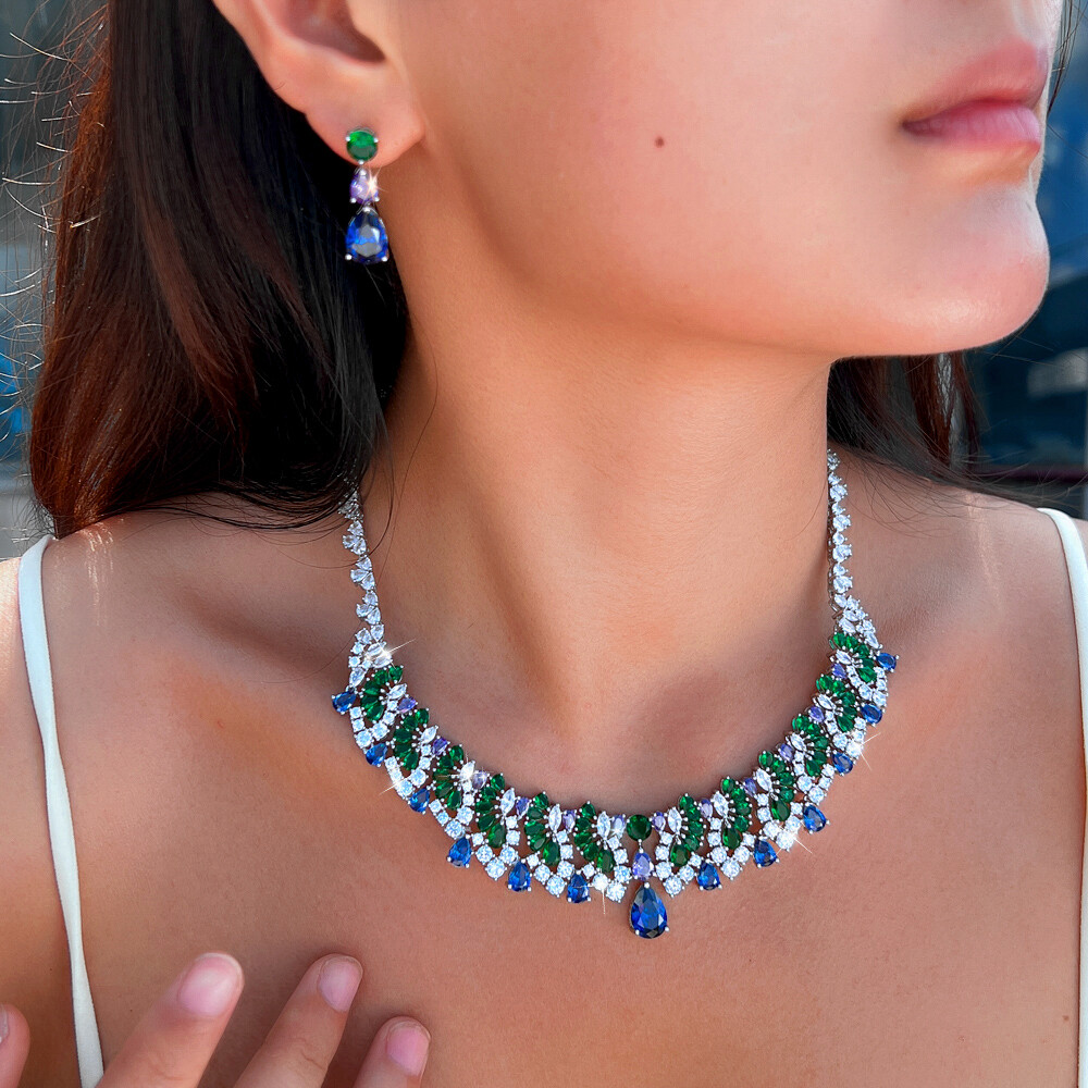 Women Blue Drop Multicolor Necklace Earrings Silver Plated CZ Bridal Jewelry Set