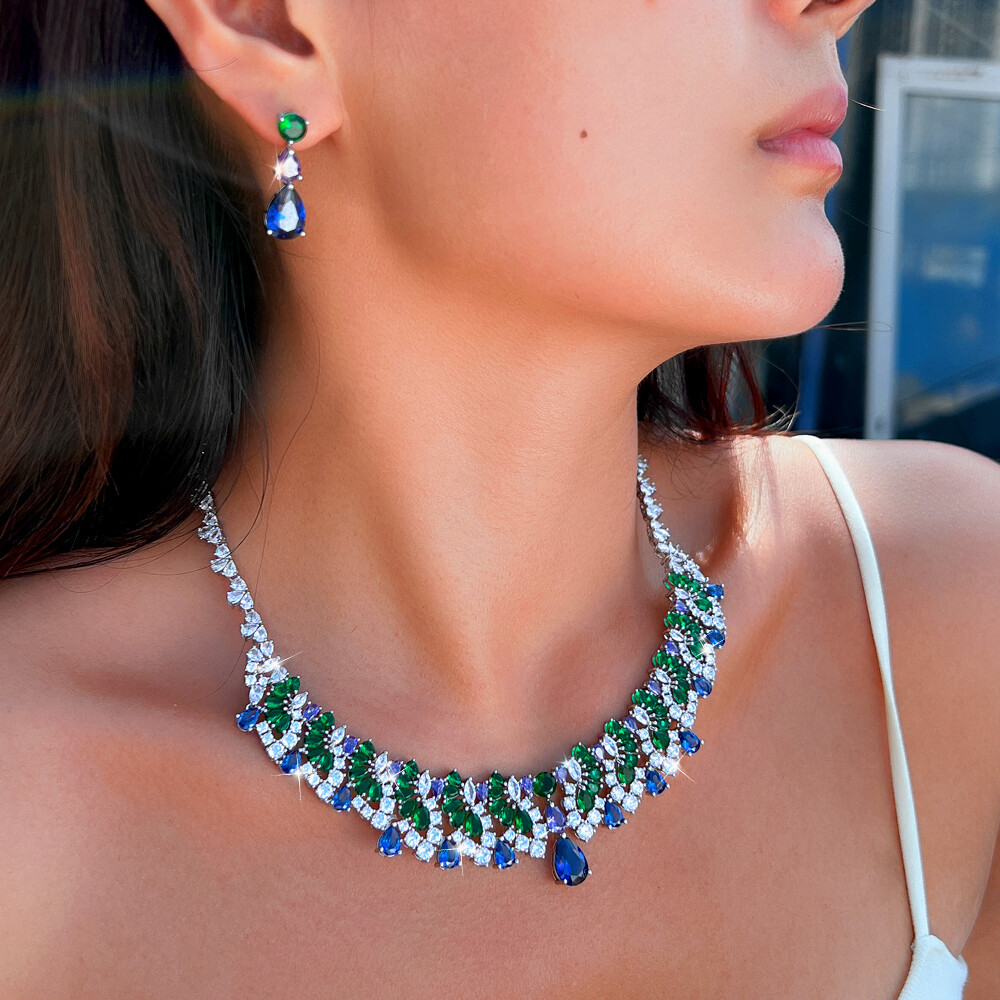 Women Blue Drop Multicolor Necklace Earrings Silver Plated CZ Bridal Jewelry Set