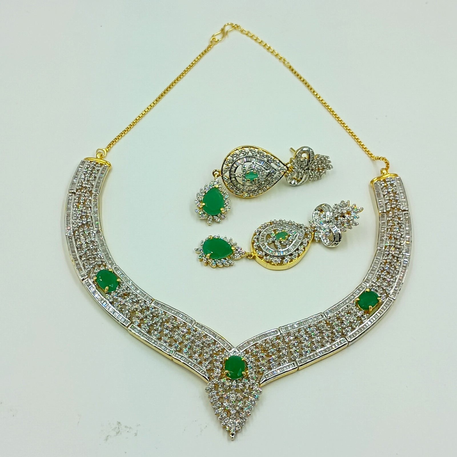 Emerald CZ Diamond Choker Necklace Set 22k Gold Plated South Indian Handmade