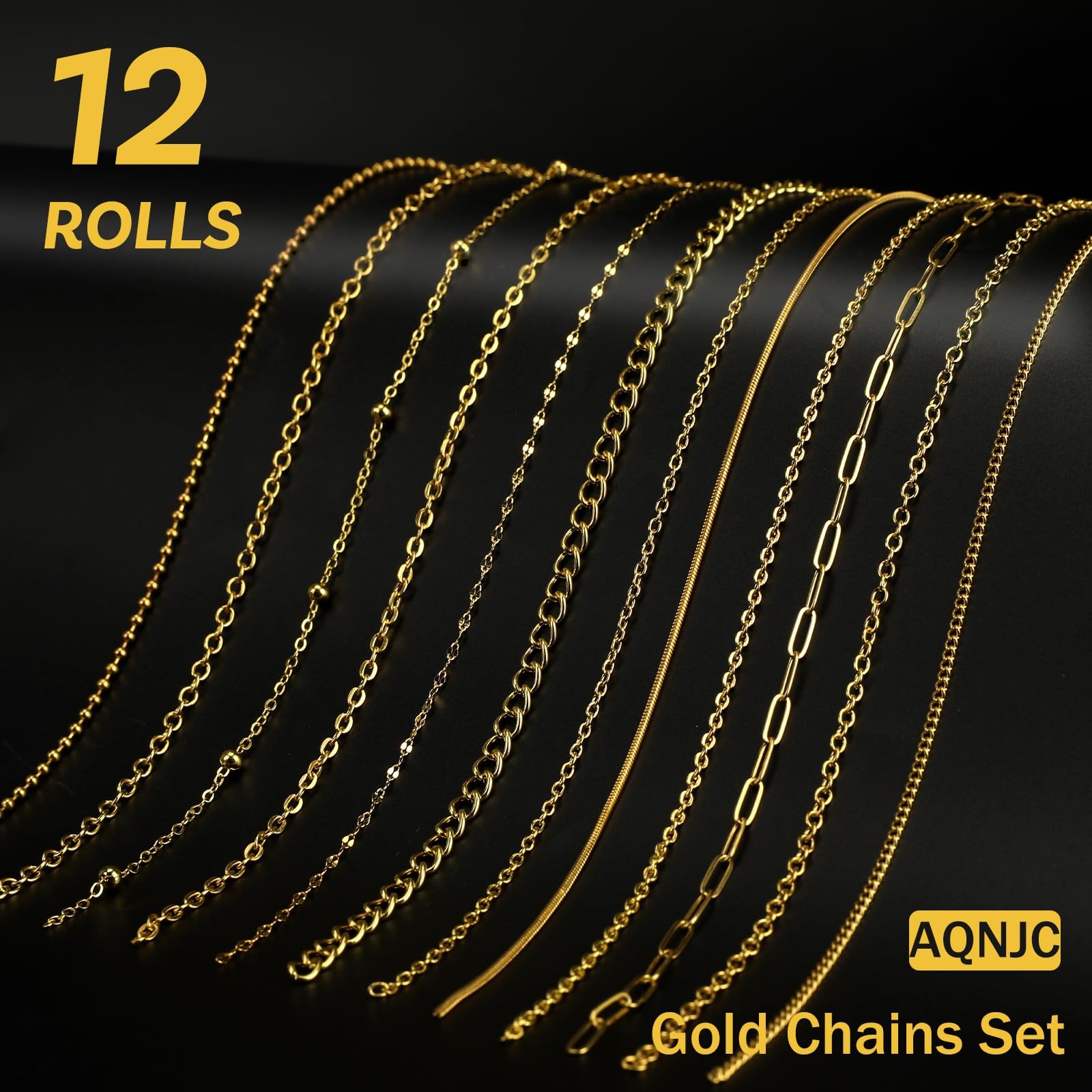 Gold Chain for Jewelry Making, 98 Feet 12 Rolls Jewelry Chains with Gold Charms