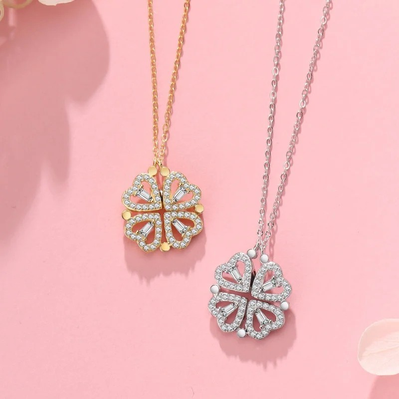 Four Leaf Clover Magnetic Folding Heart Crystal Pendant Necklace- Elegant