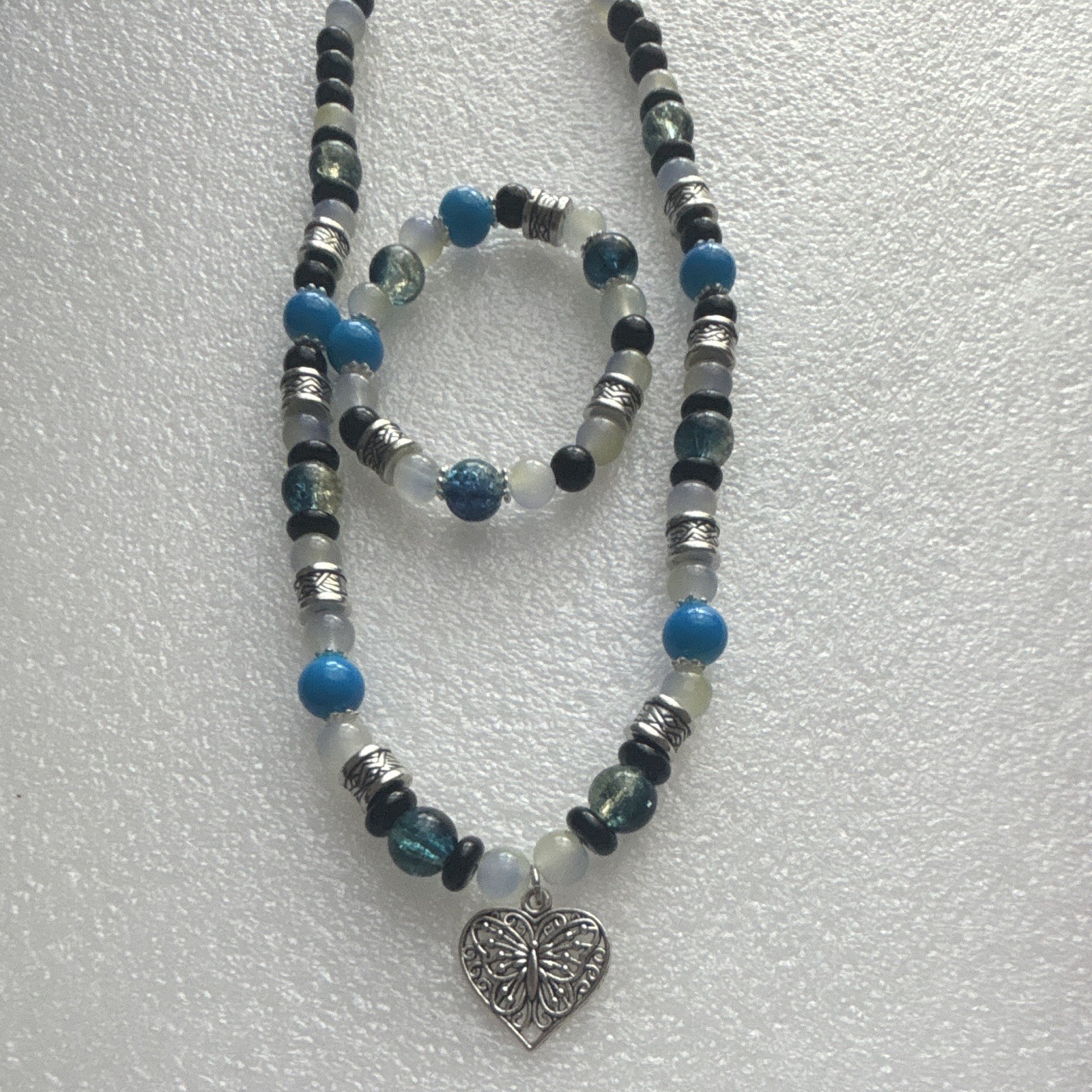 Blue Black White Beaded Jewelry Set Necklace Bracelet with Heart Charm