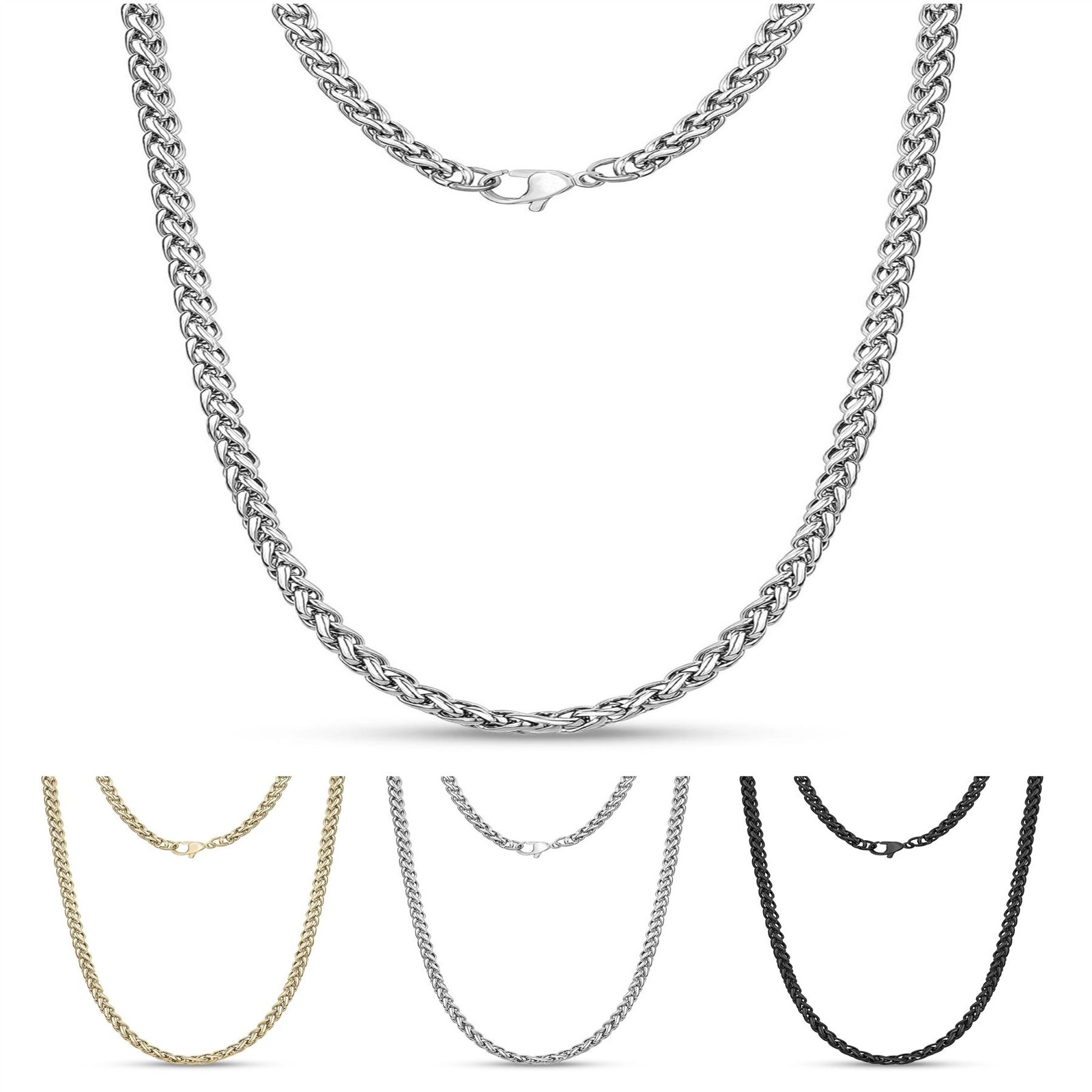 BLACK 316L STAINLESS STEEL 5MM WIDE 18″ / 45CM LONG SPIGA WHEAT ROPE KNOT CHAIN