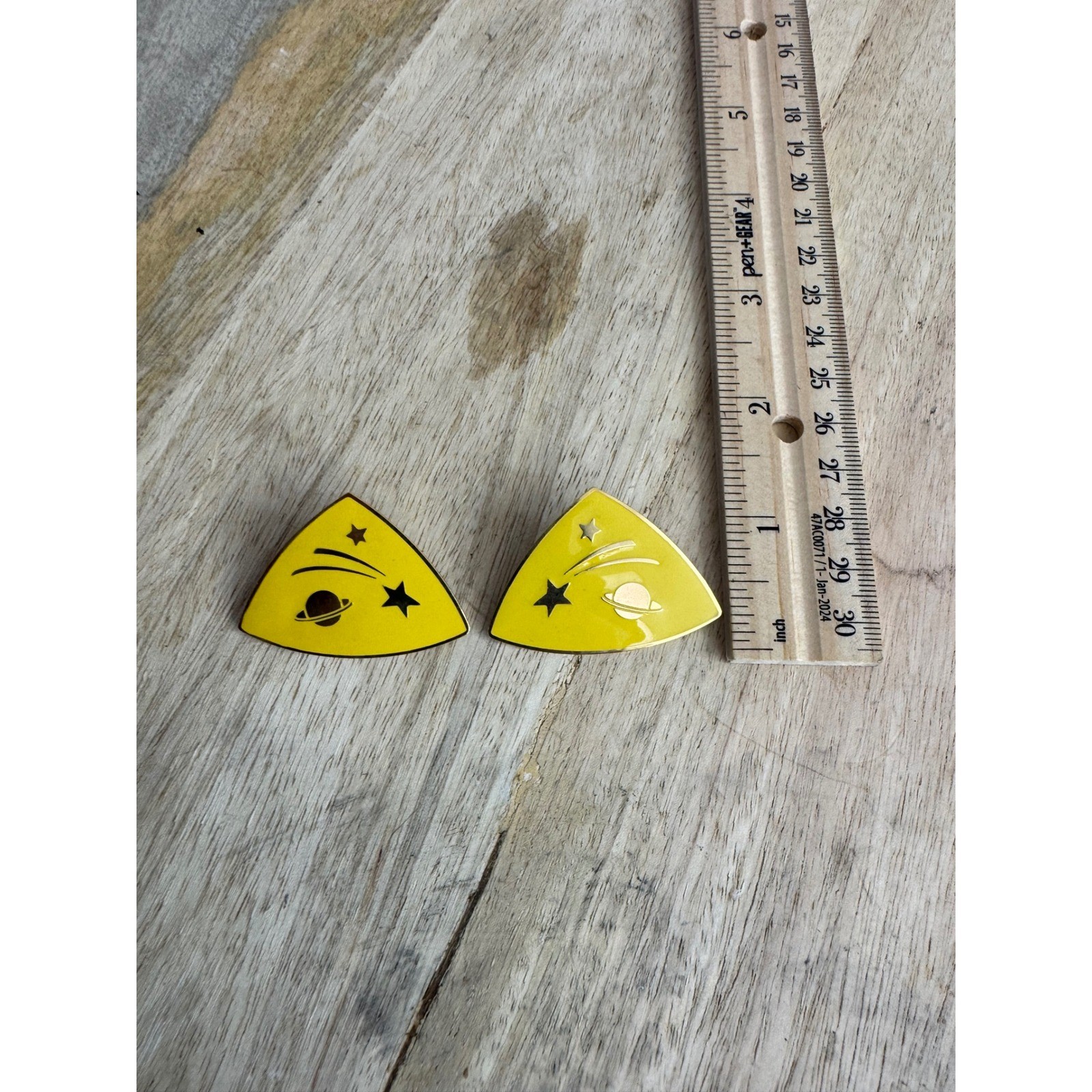Yellow Enamel Celestial Planet Star Triangle Stud Earrings Gold Tone Space Theme