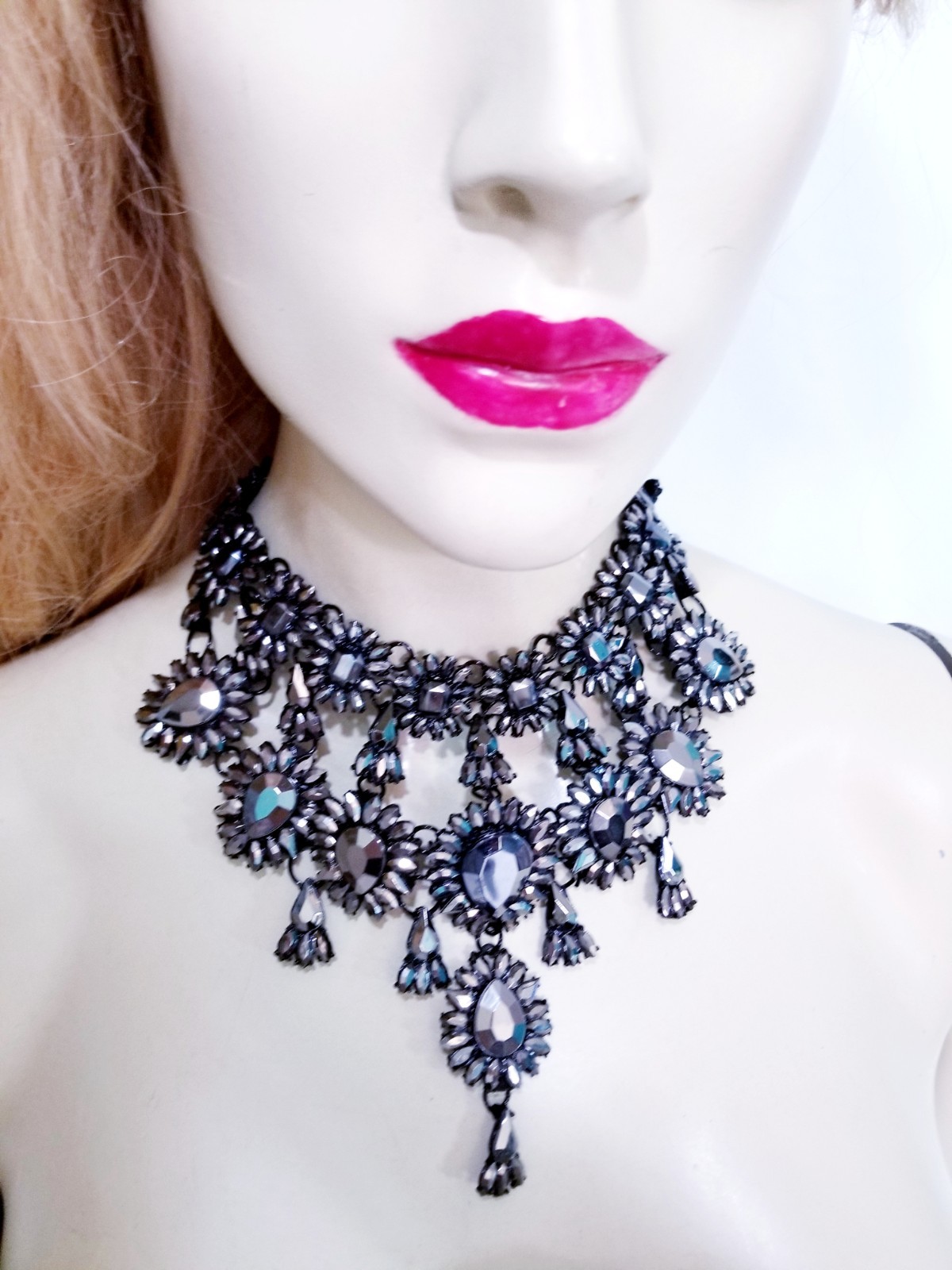Charcoal Gray Statement Choker Rhinestone Necklace Bridal Prom Pageant Gothic