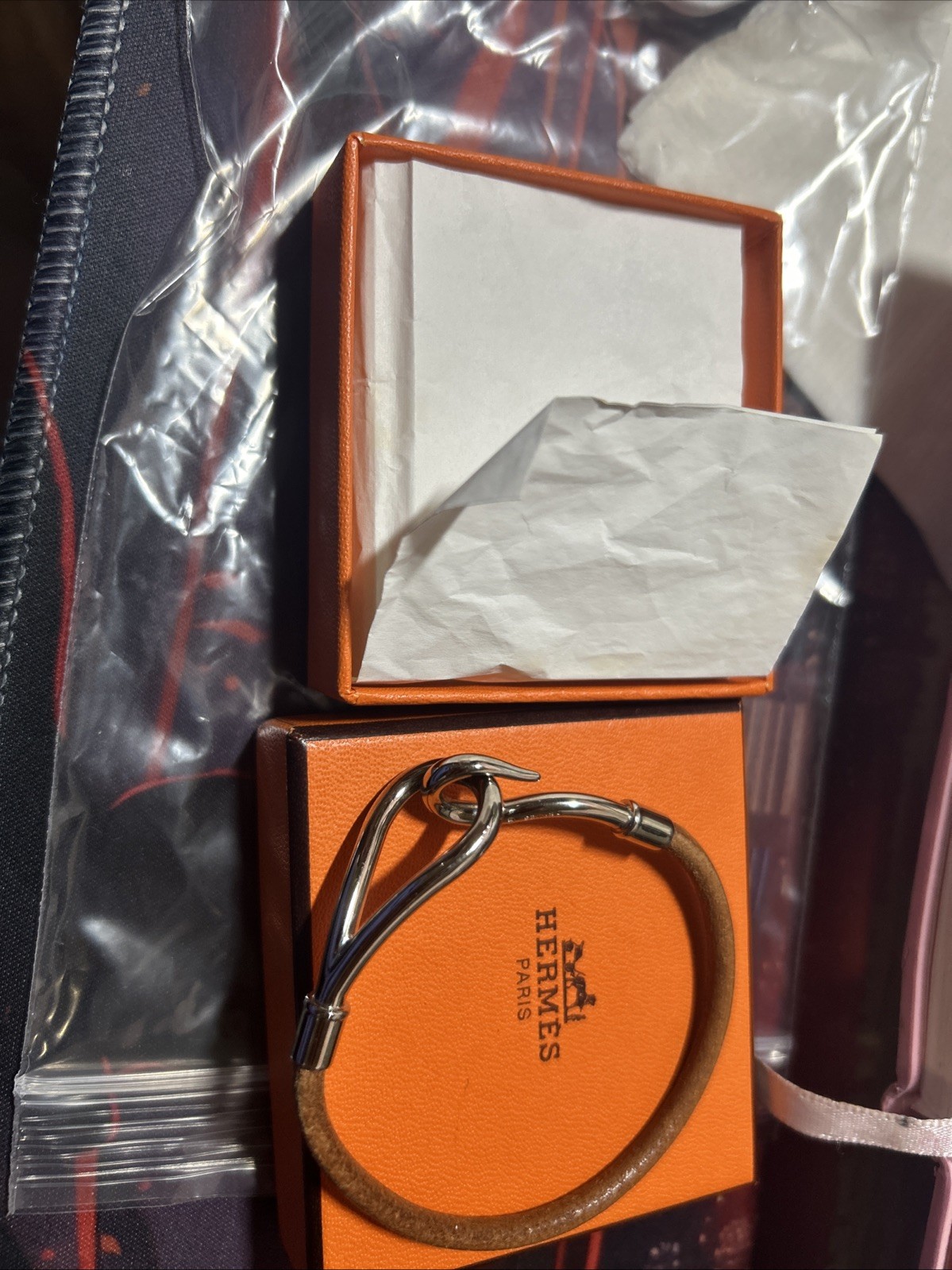 Authentic Hermes Hook Leather Bracelet Brown Wrap Silver Hook Clasp