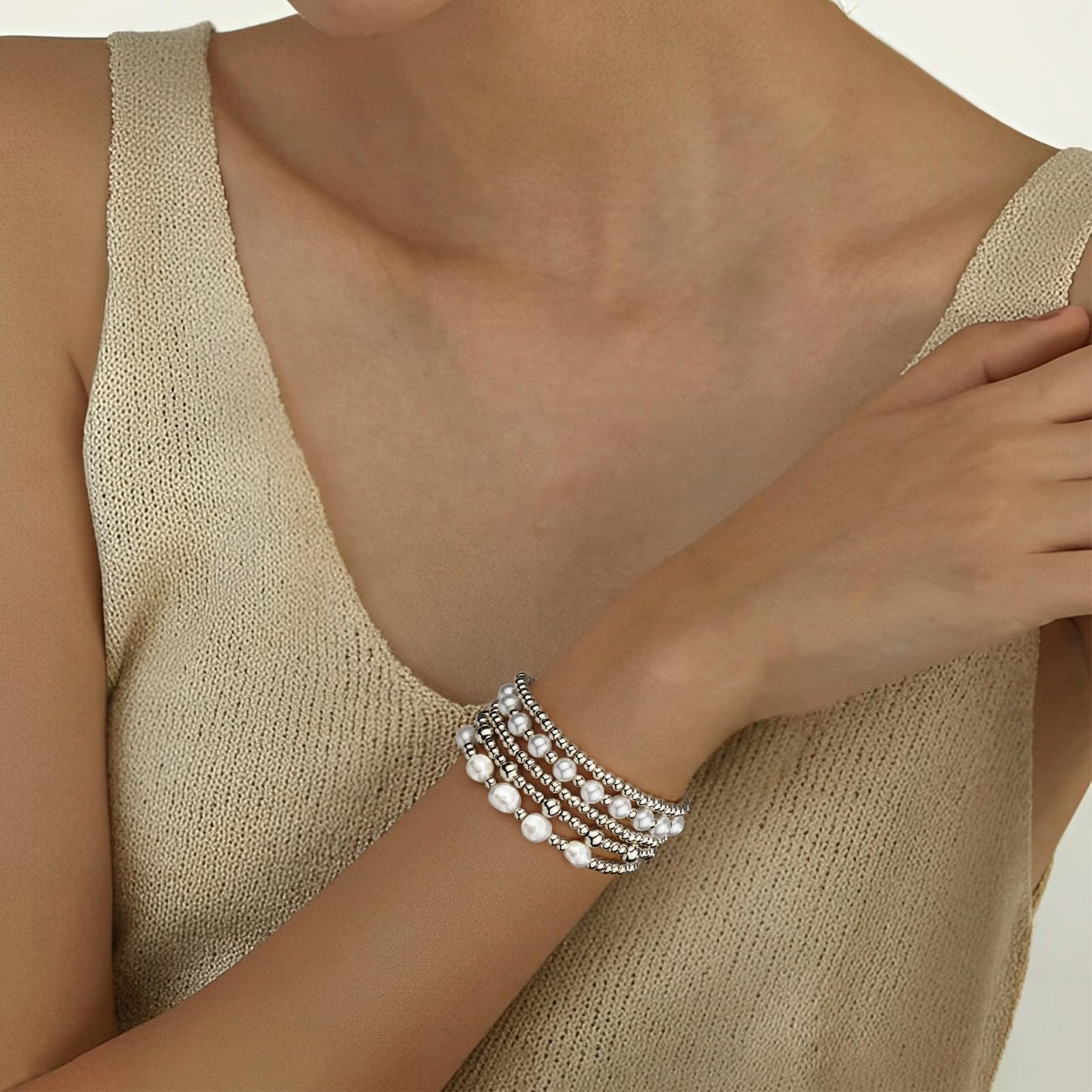 Silver Bracelets For Women Trendy Cute Pearl Beaded Gold Bracelet Stack Set E…