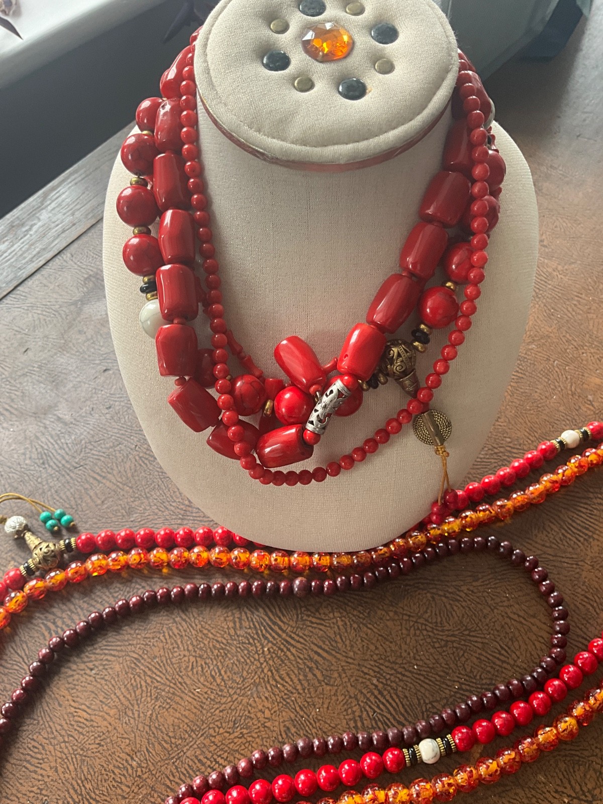 Vintage Bold Red Acrylic Resin Bead Necklace Lot 7 Pcs Chunky Boho Faux Coral