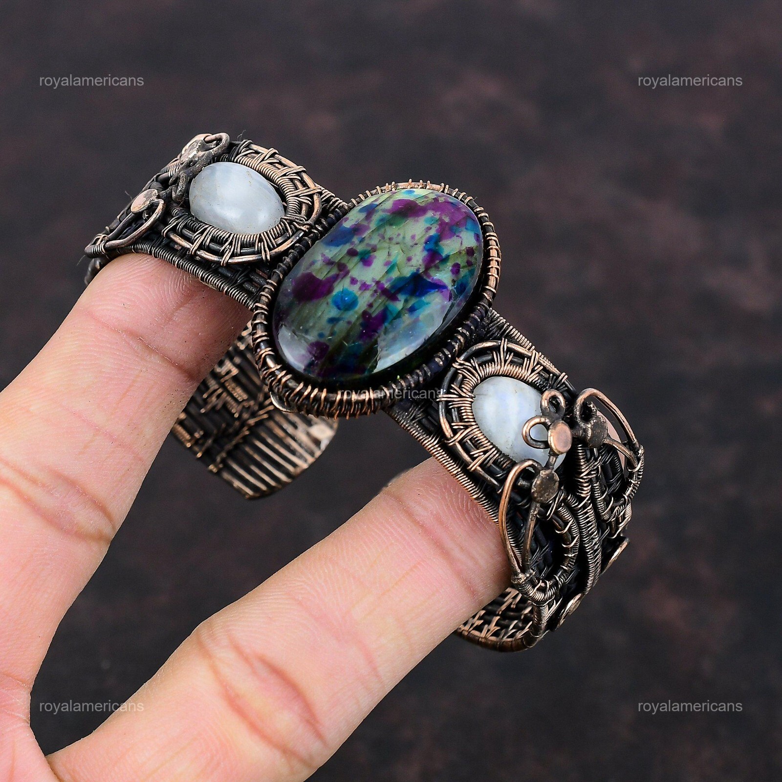 Natural Multi Fire Labradorite Rainbow Moonstone Art Deco Bangle Bracelet Copper