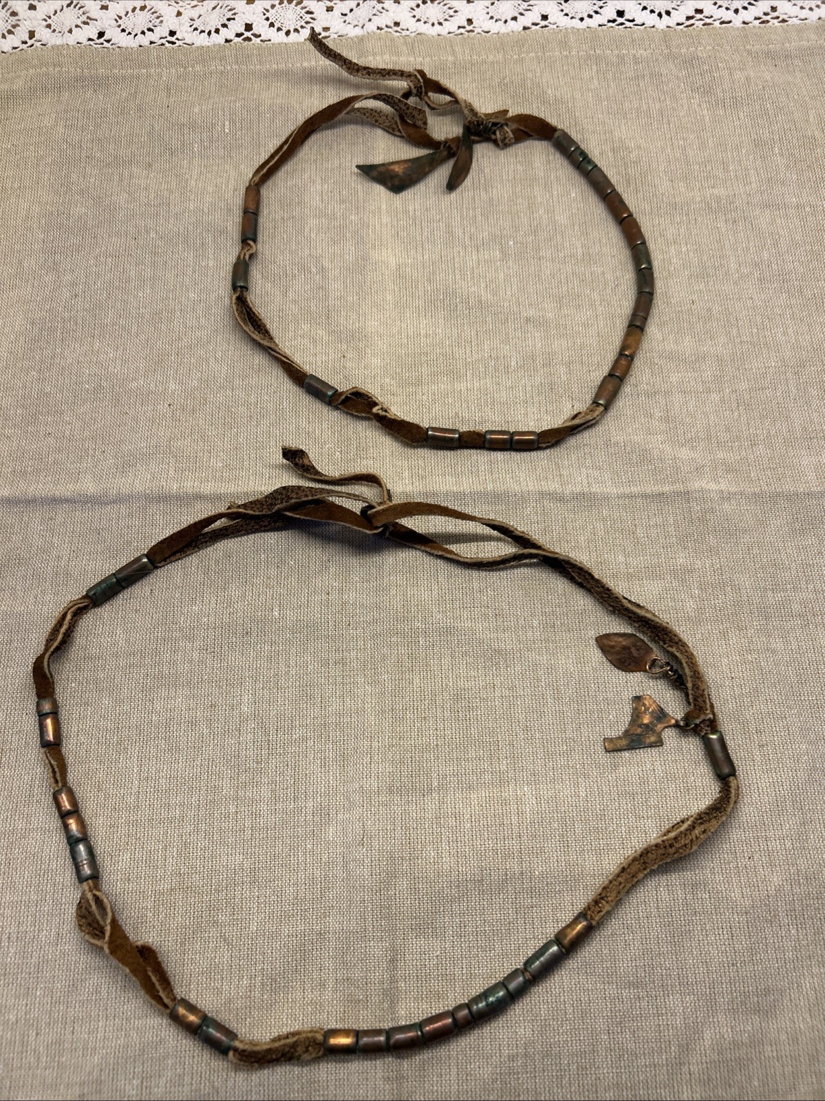 Set of Two Boho Tribal Style Necklaces Leather Cord Copper Metal Charms Beads