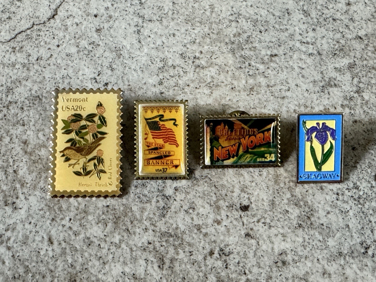 Vintage USPS Stamp Replica Pins Set Vermont State Flower New York Iris Flag