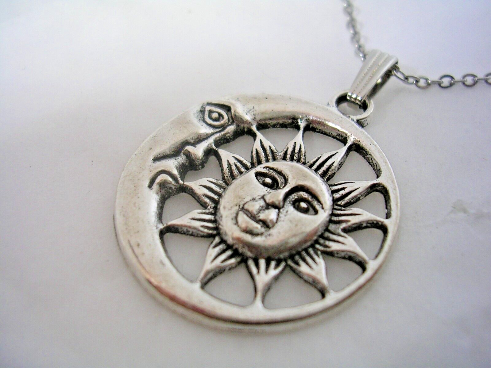 MOON AND SUN PENDANT WITH FACES ALL HIGH POLISHED IN STAINLESS STEEL WITH CHAIN