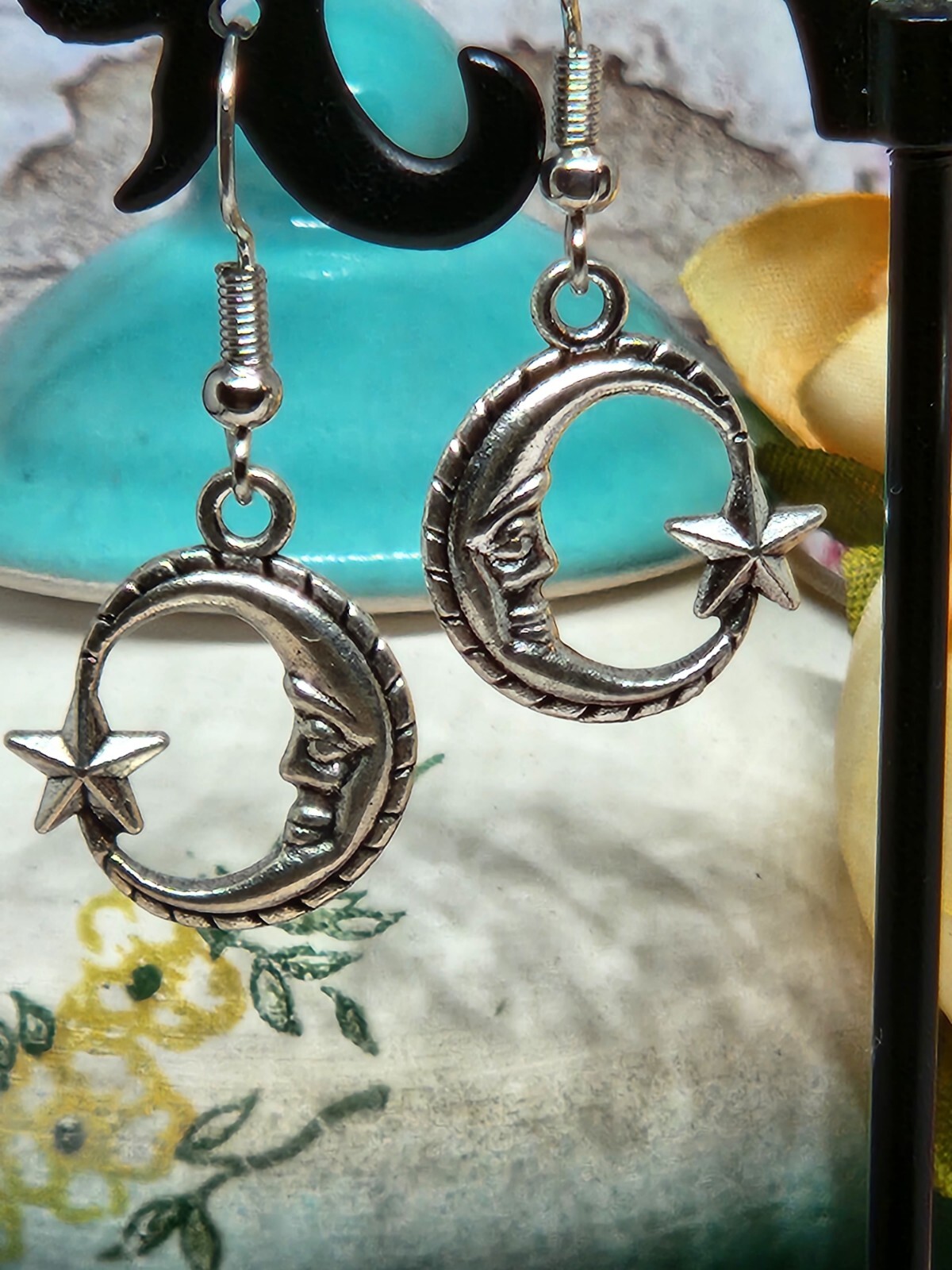 Moon Star Earrings Moon Face Crescent Silver Hook Dangle Earrings FREE SHIPPING