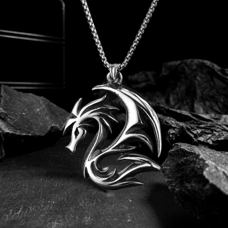 Mens Punk Gothic Dragon Pendant Necklace Punk Rock Biker Jewelry Box Chain 24″