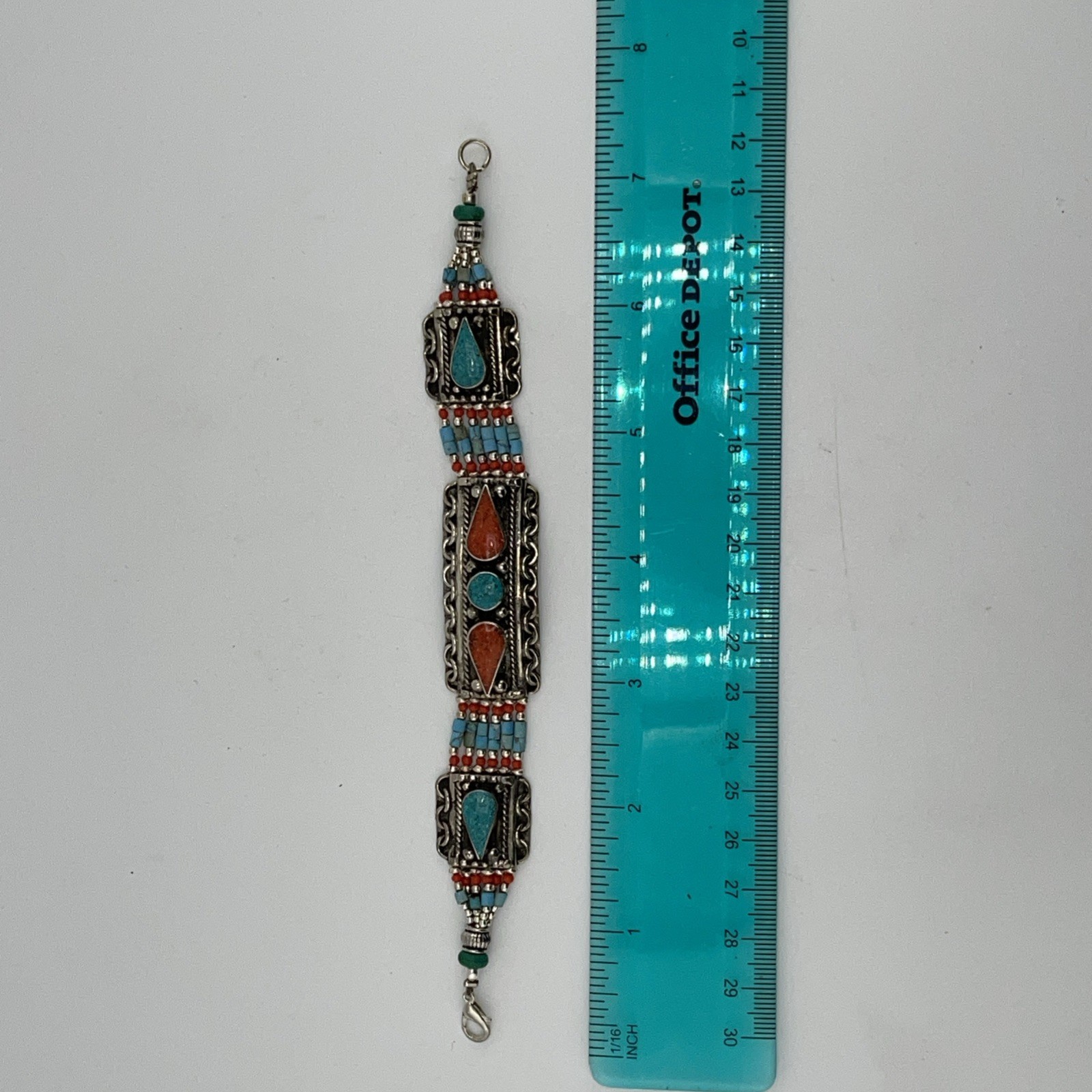 Unisex NEPAL TIBETAN HANDMADE Coral & Turquoise Bracelet Tibetan Silver 7.50”