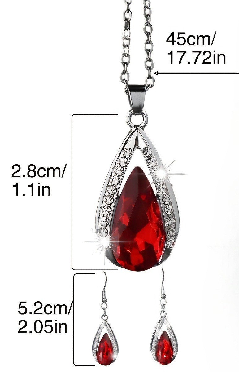 Red Teardrop Shaped Glass Pendant Necklace Earrings Exquisite Set for Women
